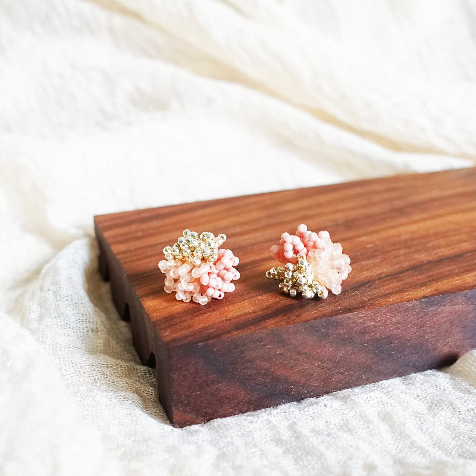 Fluffy Trio Velvet Earrings in Blush Pink Display Front