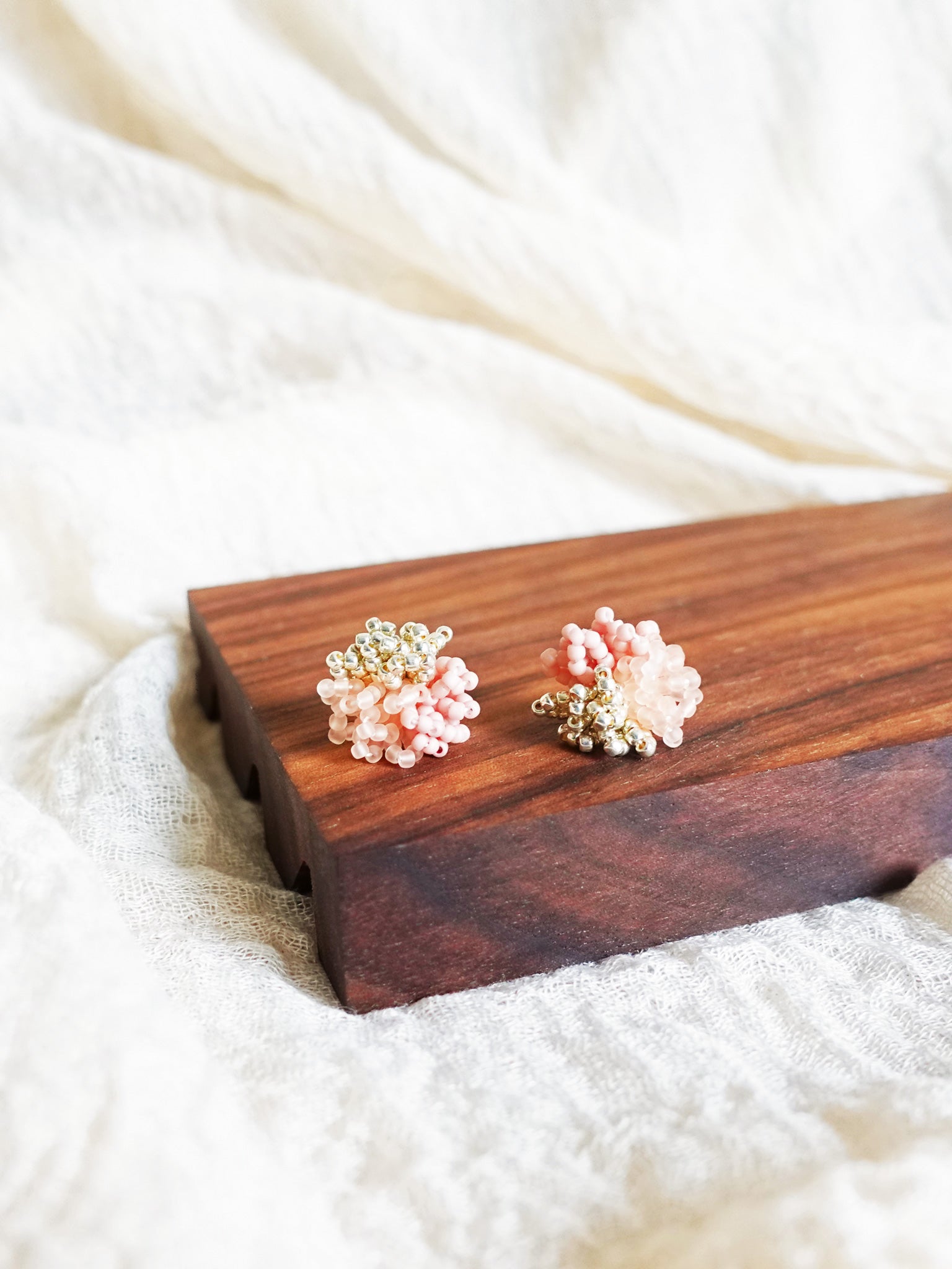 Fluffy Trio Velvet Earrings in Blush Pink Display Front
