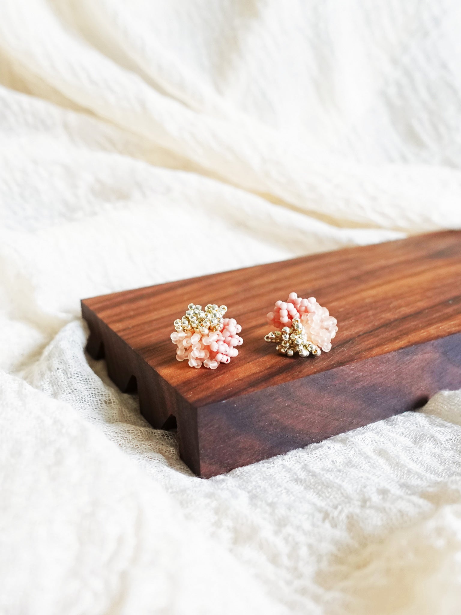 Fluffy Trio Velvet Earrings in Blush Pink Display Left