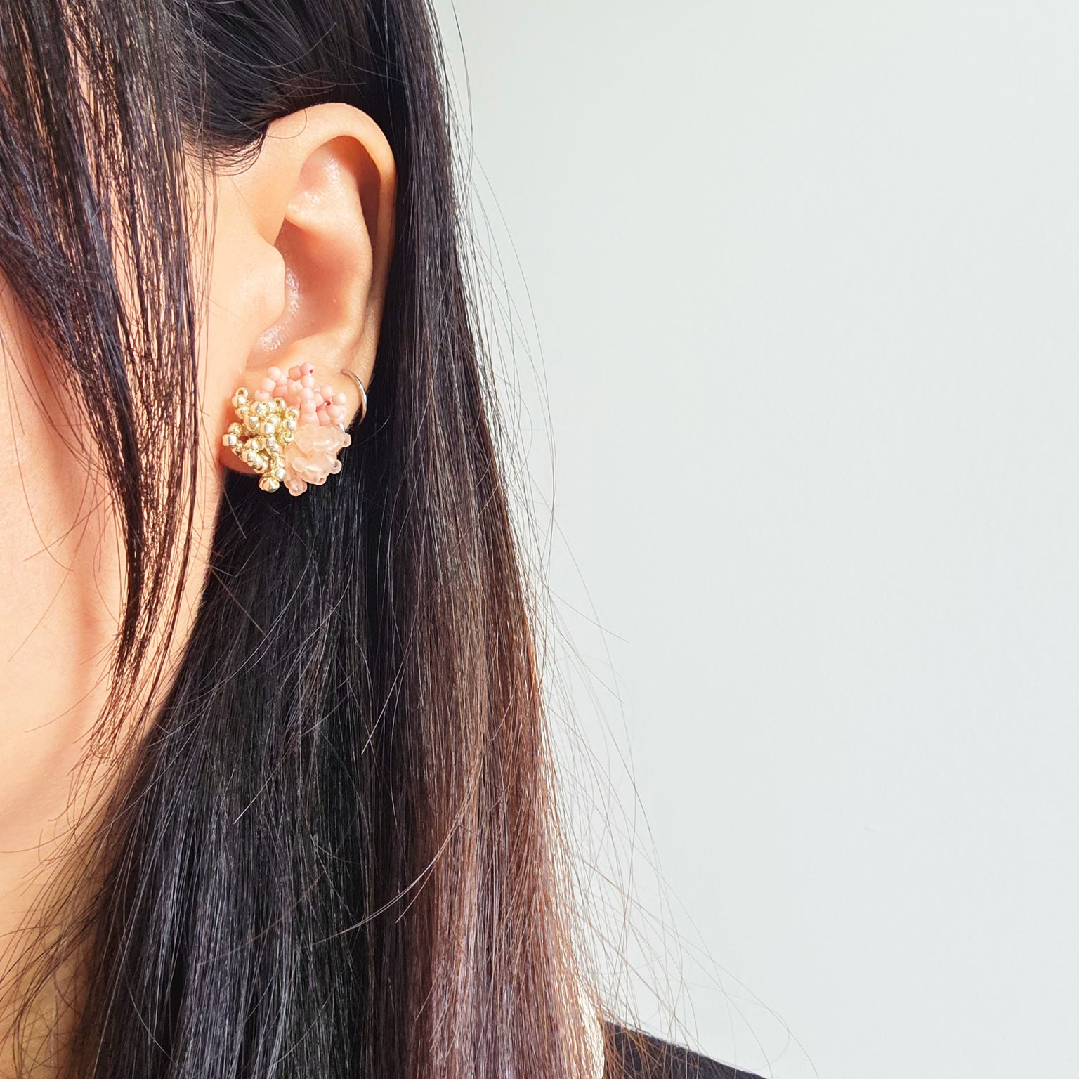 Fluffy Trio Velvet Earrings in Blush Pink Model