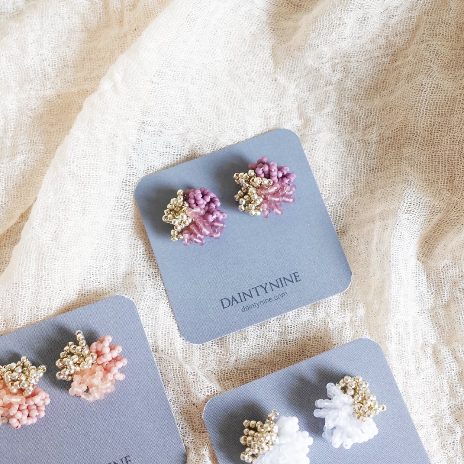 Fluffy Trio Velvet Earrings in Mauve Purple Card