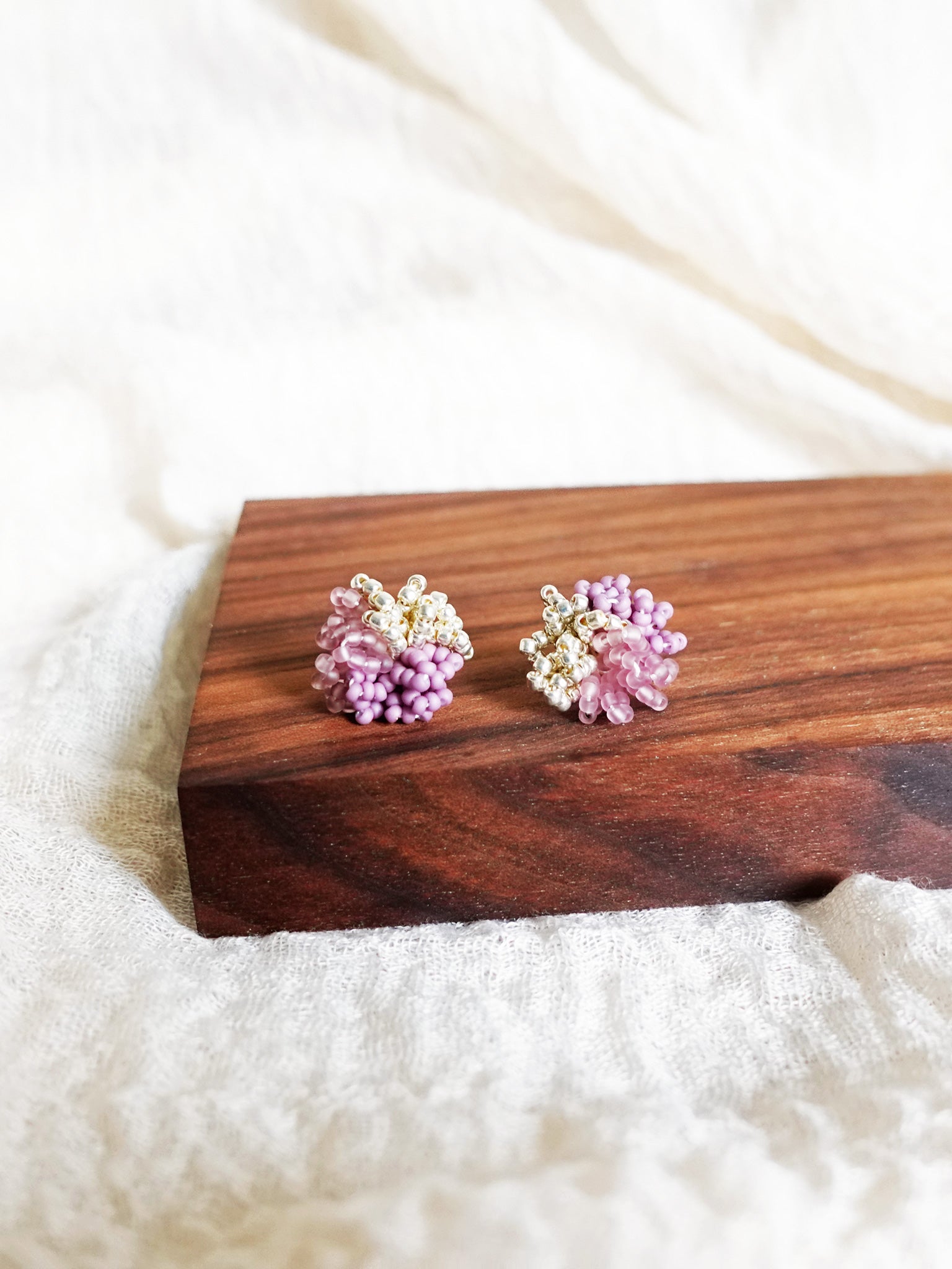 Fluffy Trio Velvet Earrings in Mauve Purple Display Front