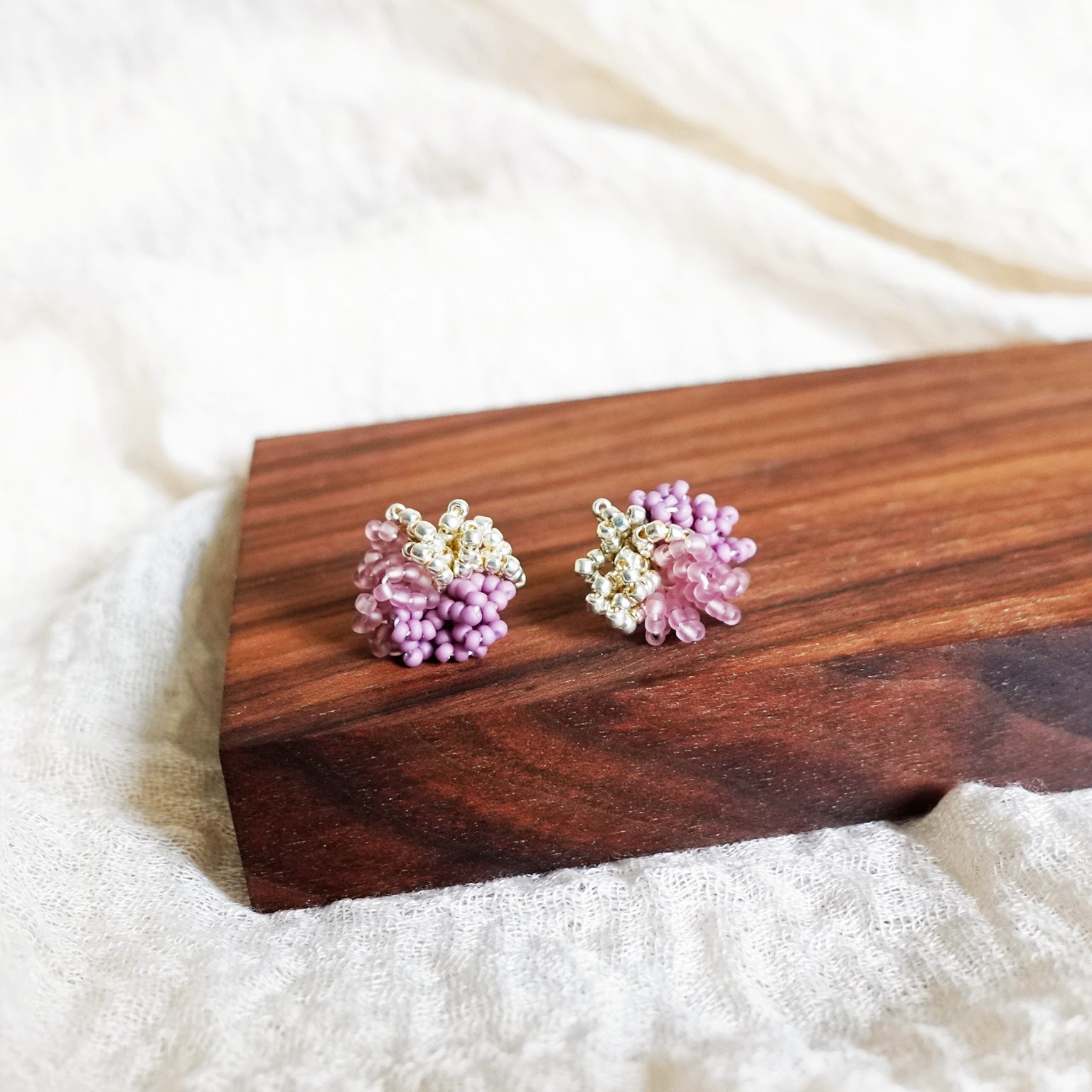 Fluffy Trio Velvet Earrings in Mauve Purple Display Left