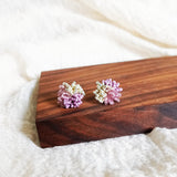 Fluffy Trio Velvet Earrings in Mauve Purple Display Left