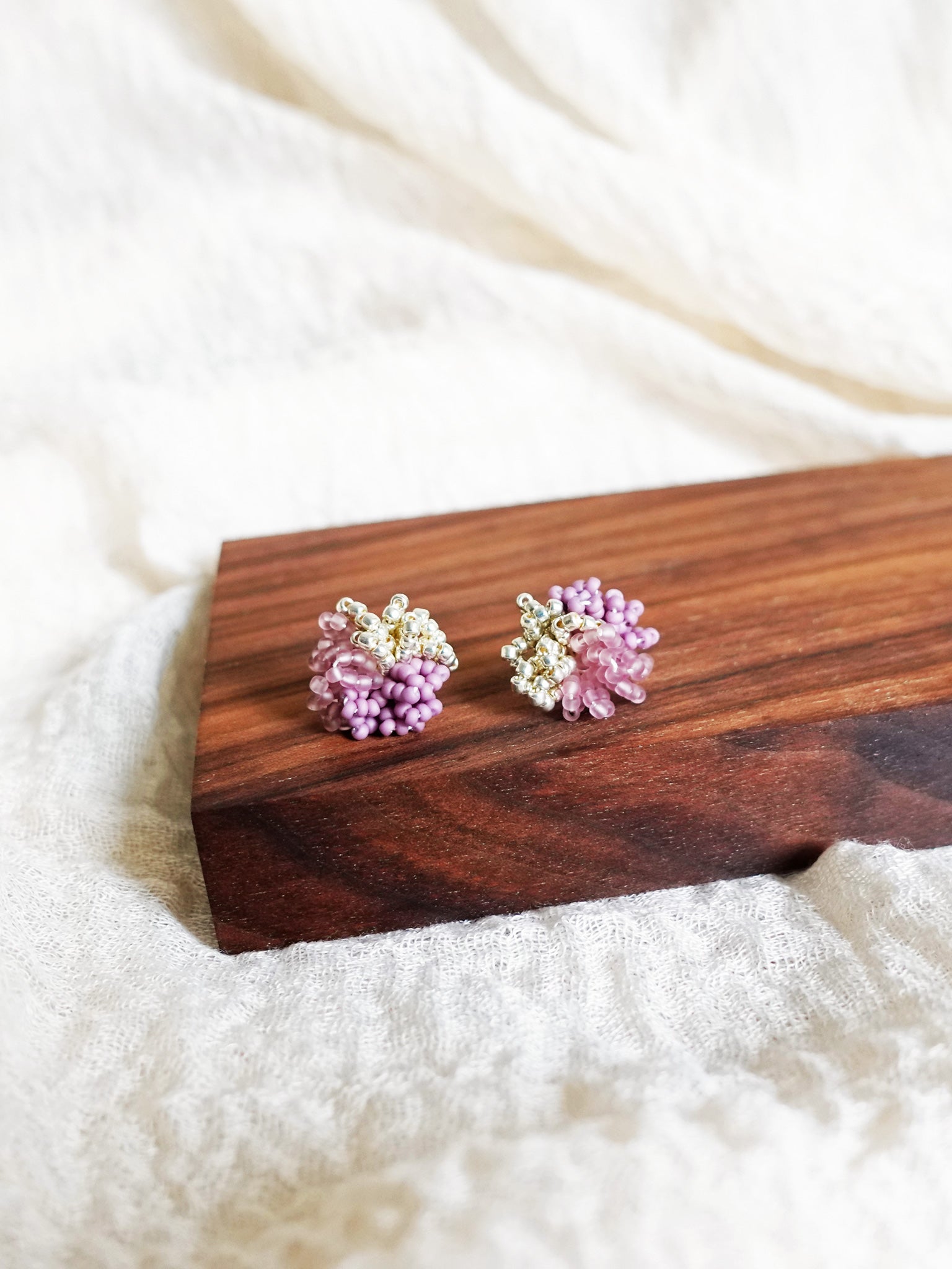 Fluffy Trio Velvet Earrings in Mauve Purple Display Left