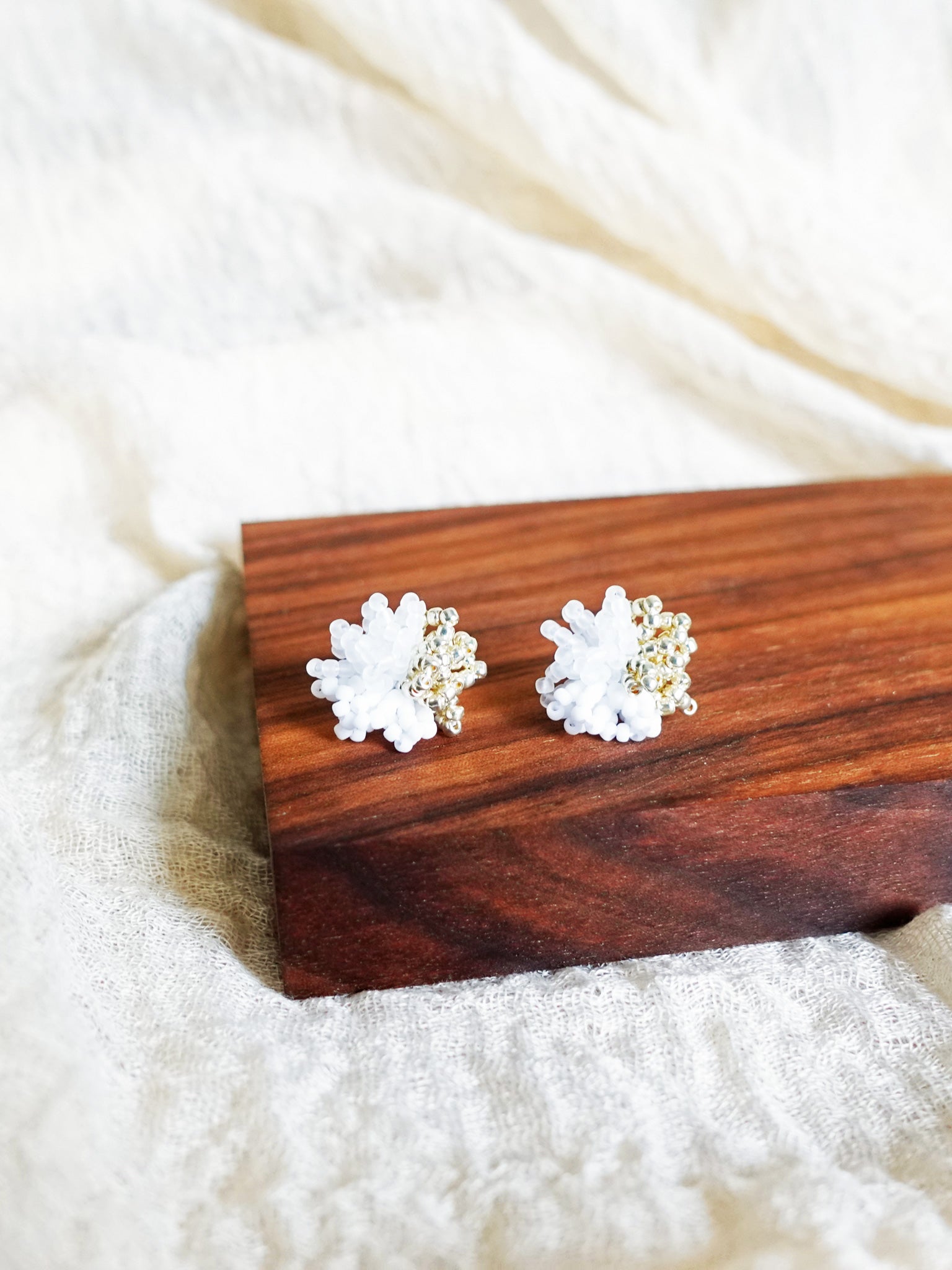 Fluffy Trio Velvet Earrings in White Front 1