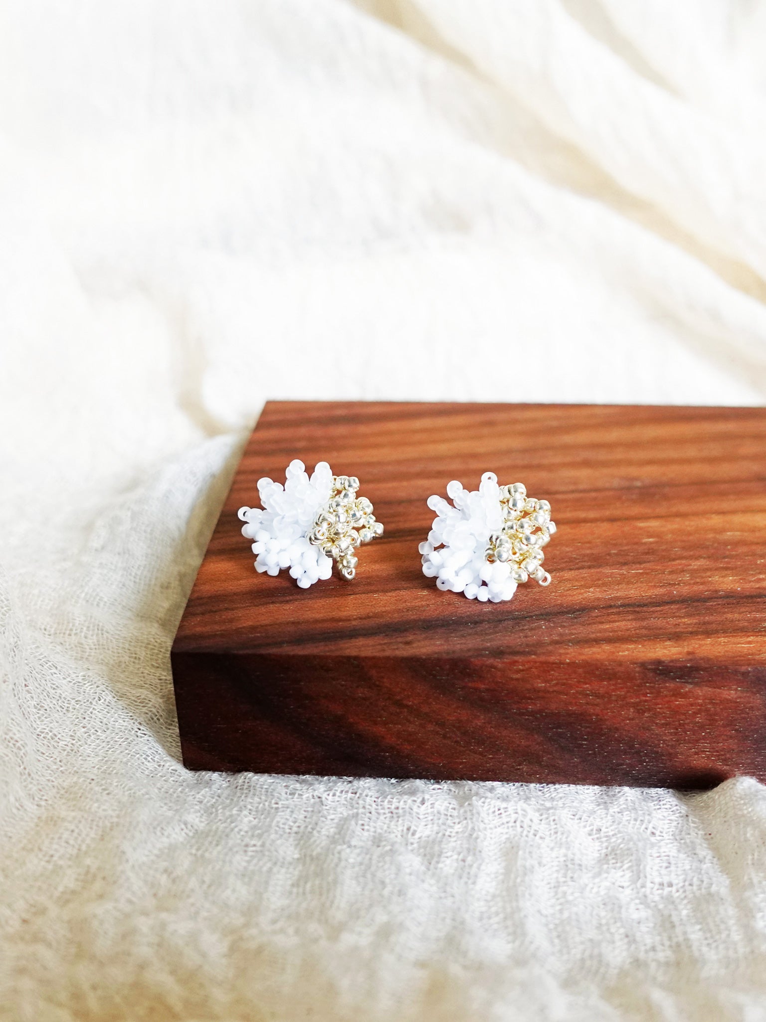 Fluffy Trio Velvet Earrings in White Front 2
