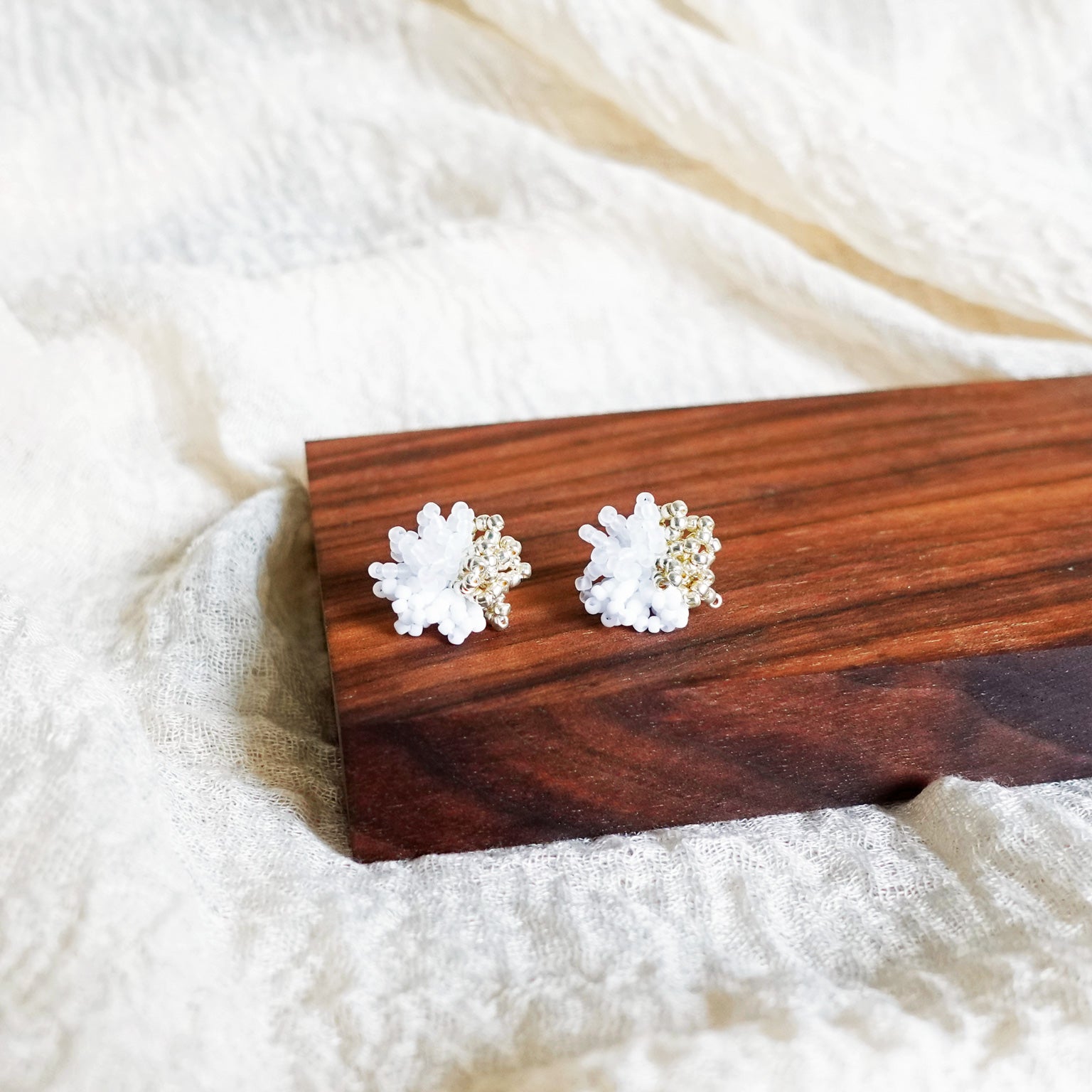Fluffy Trio Velvet Earrings in White Front 3