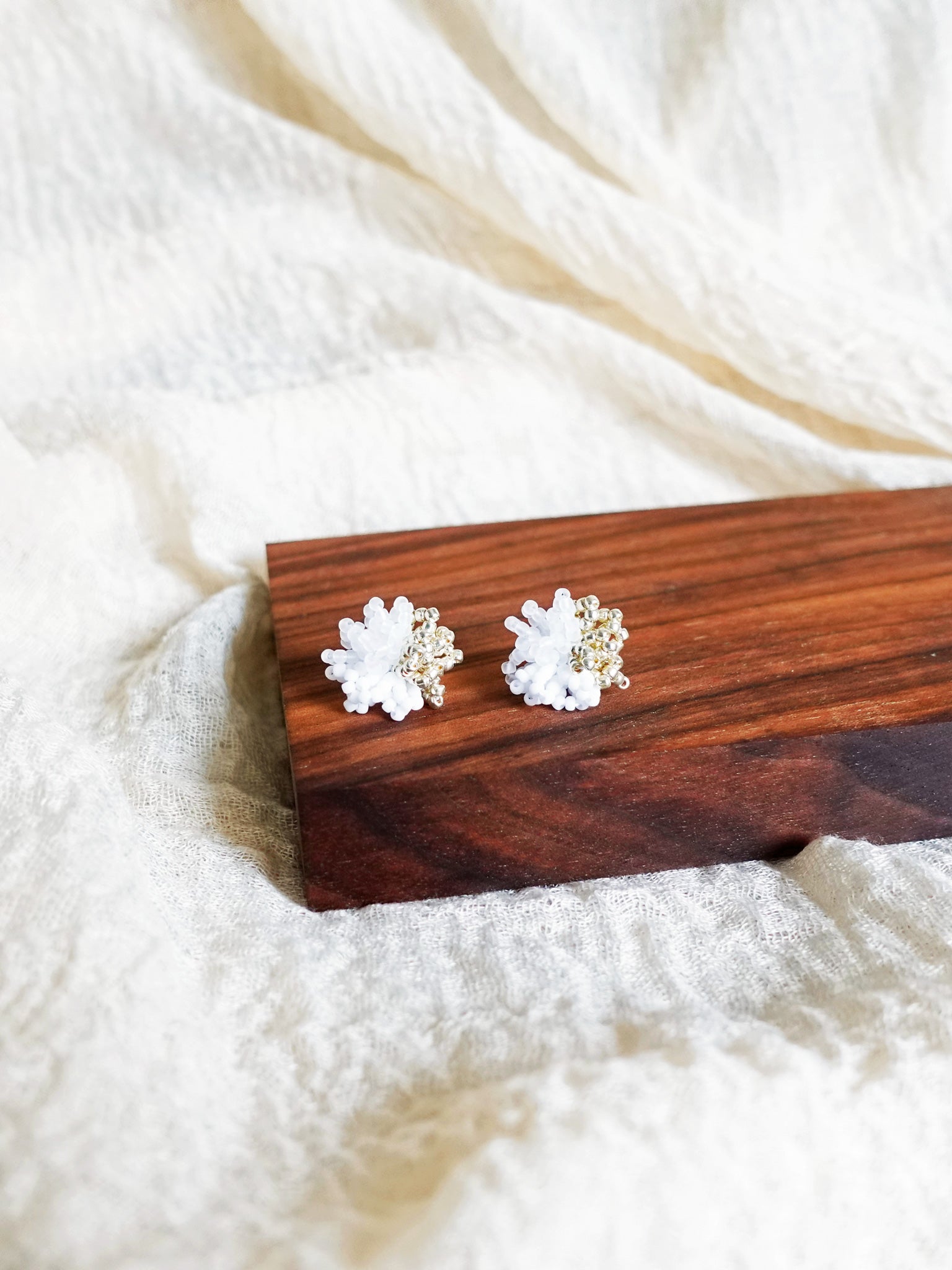 Fluffy Trio Velvet Earrings in White Front 3