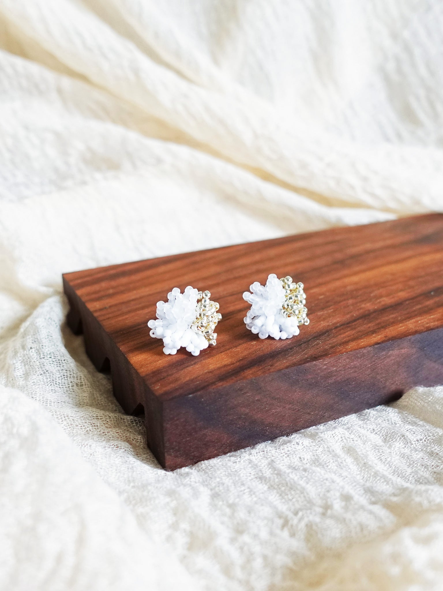 Fluffy Trio Velvet Earrings in White Left