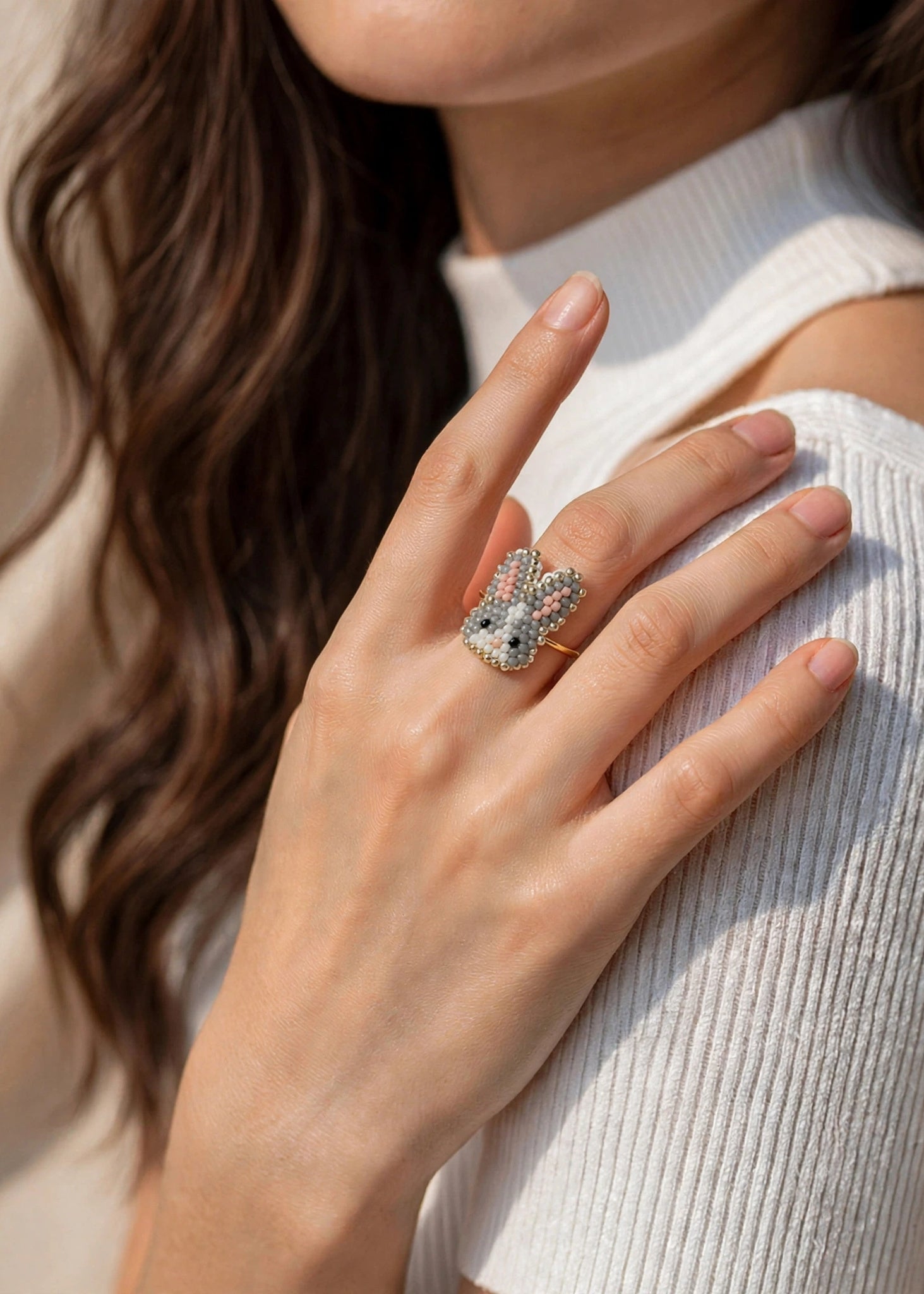 Grey bunny ring on model