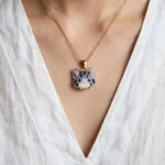 Grey tabby cat necklace on model