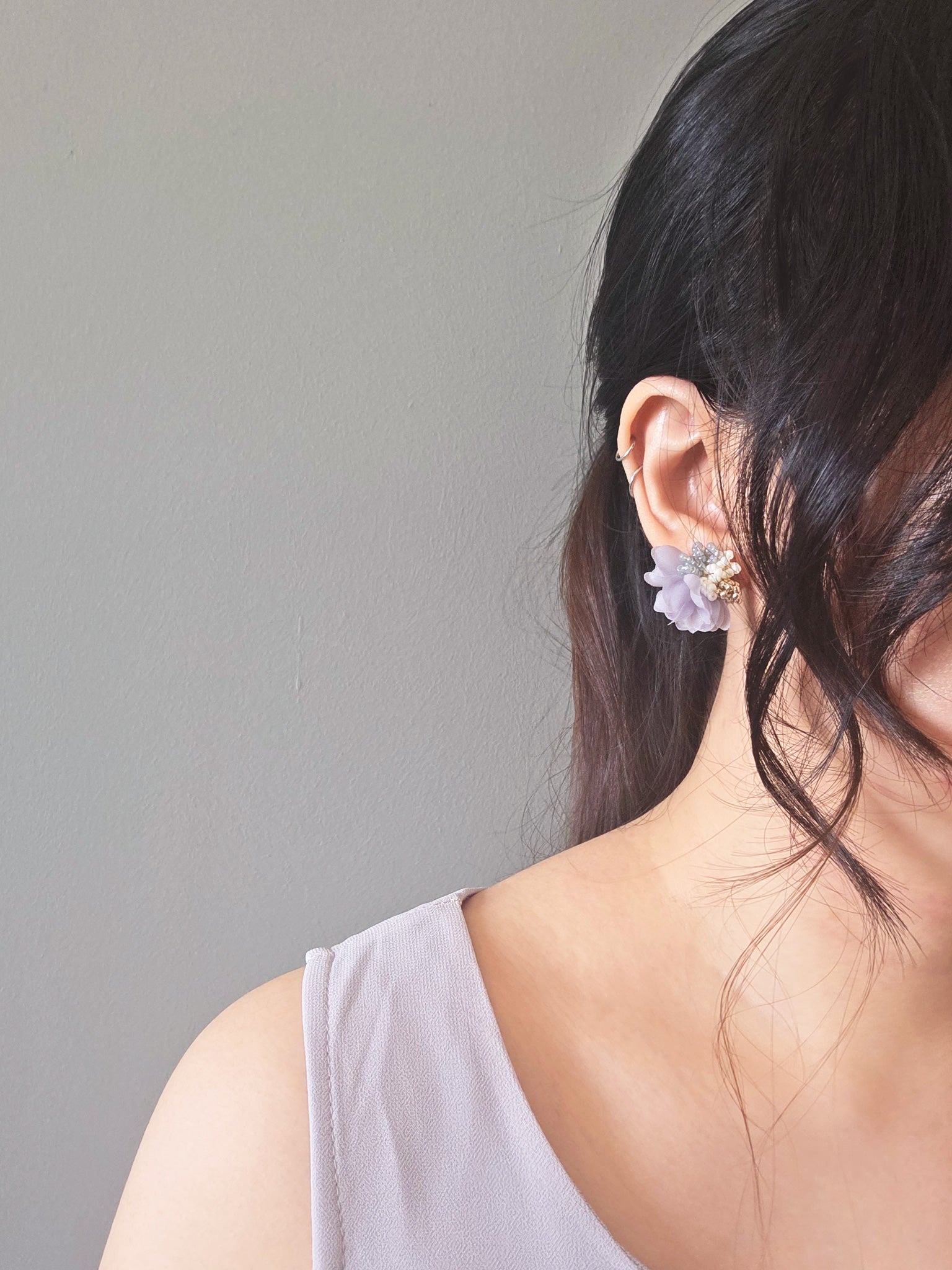 Luna Bloom Stud Earrings in Grey Model