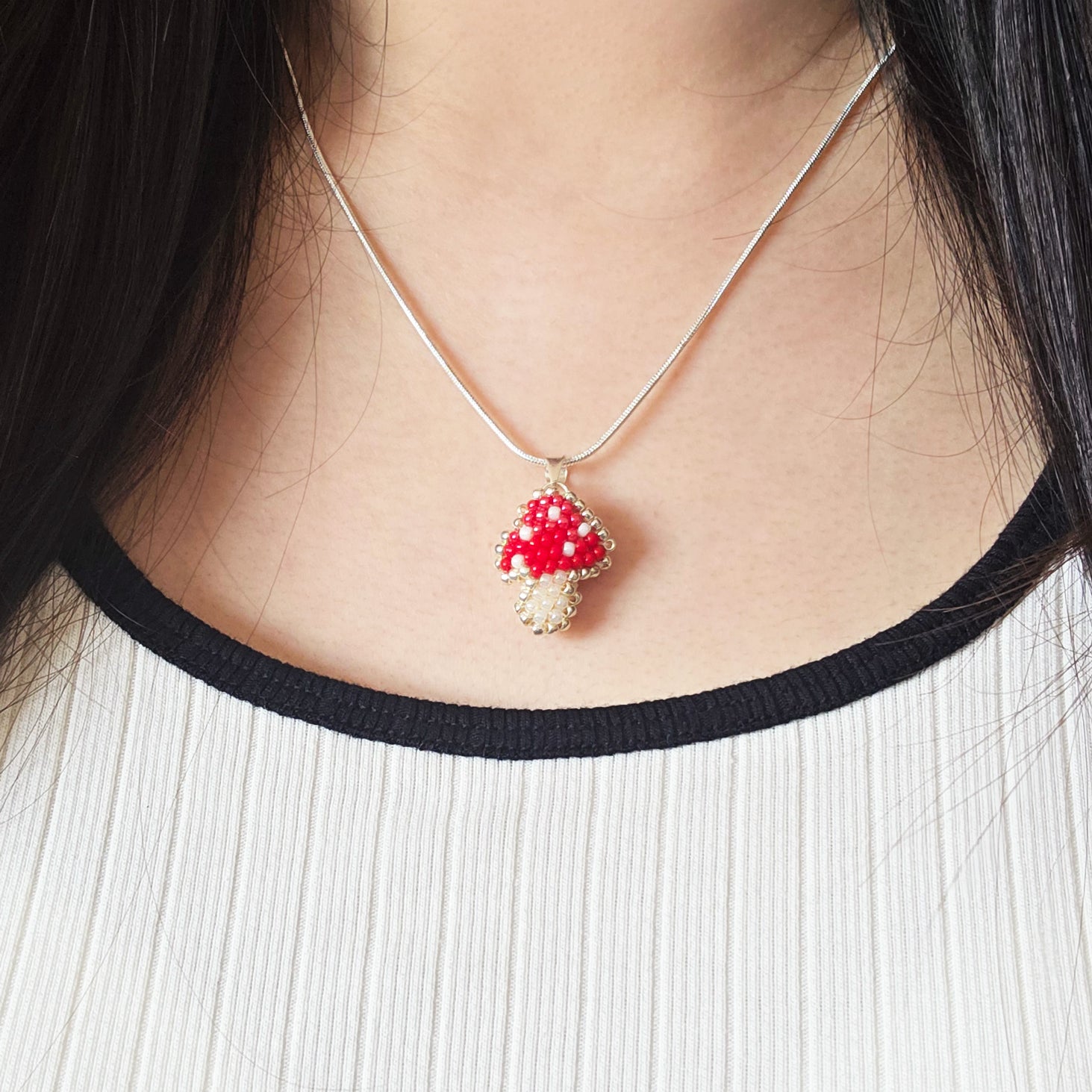 Mushroom Necklace Model Close