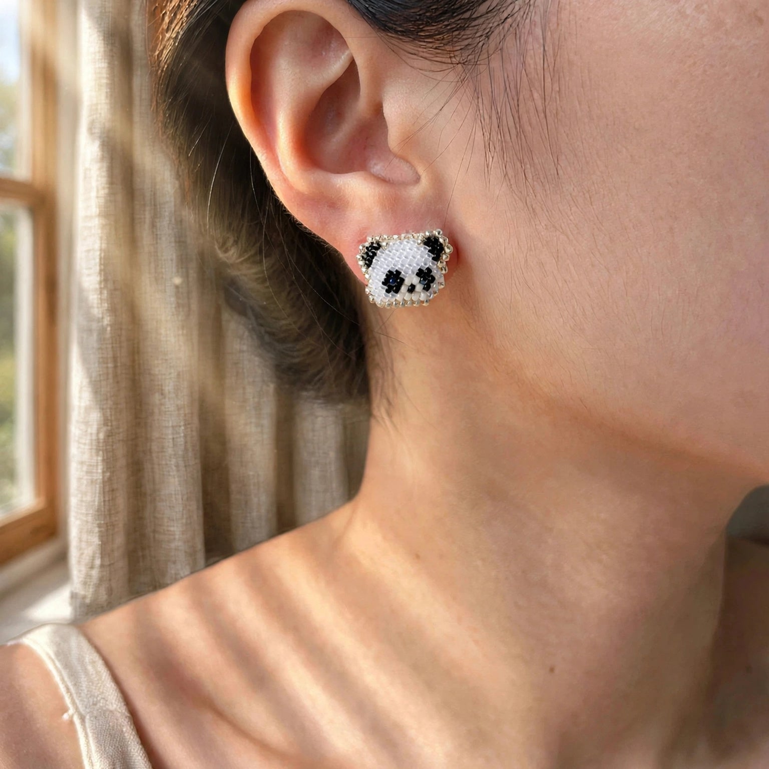 Panda Stud Earrings on Model