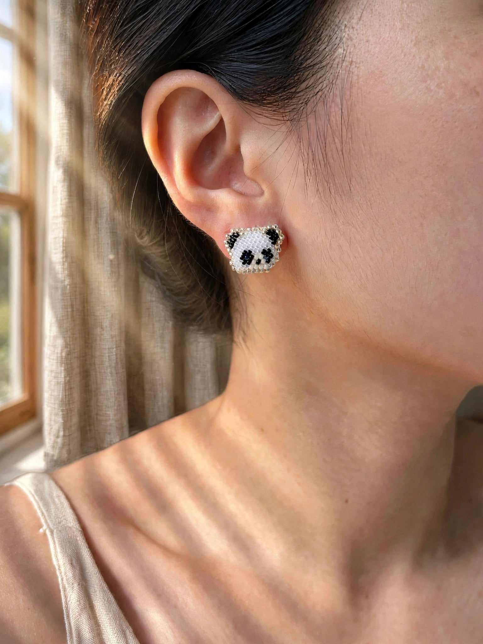 Panda Stud Earrings on Model