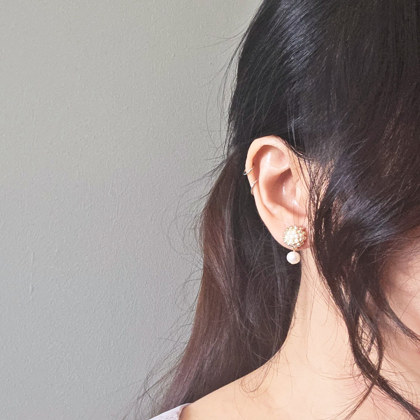 Phoebe Josie Earrings in Pearl White Model