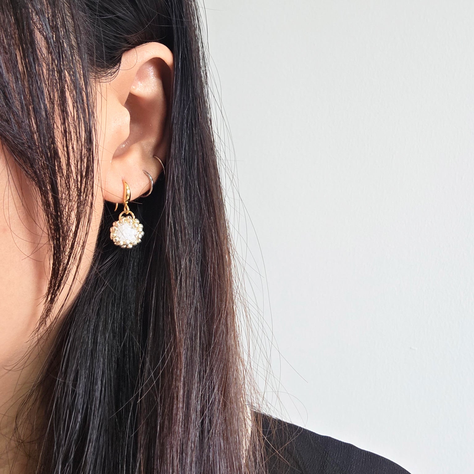 Polly Drop Earrings in Cloud White Model