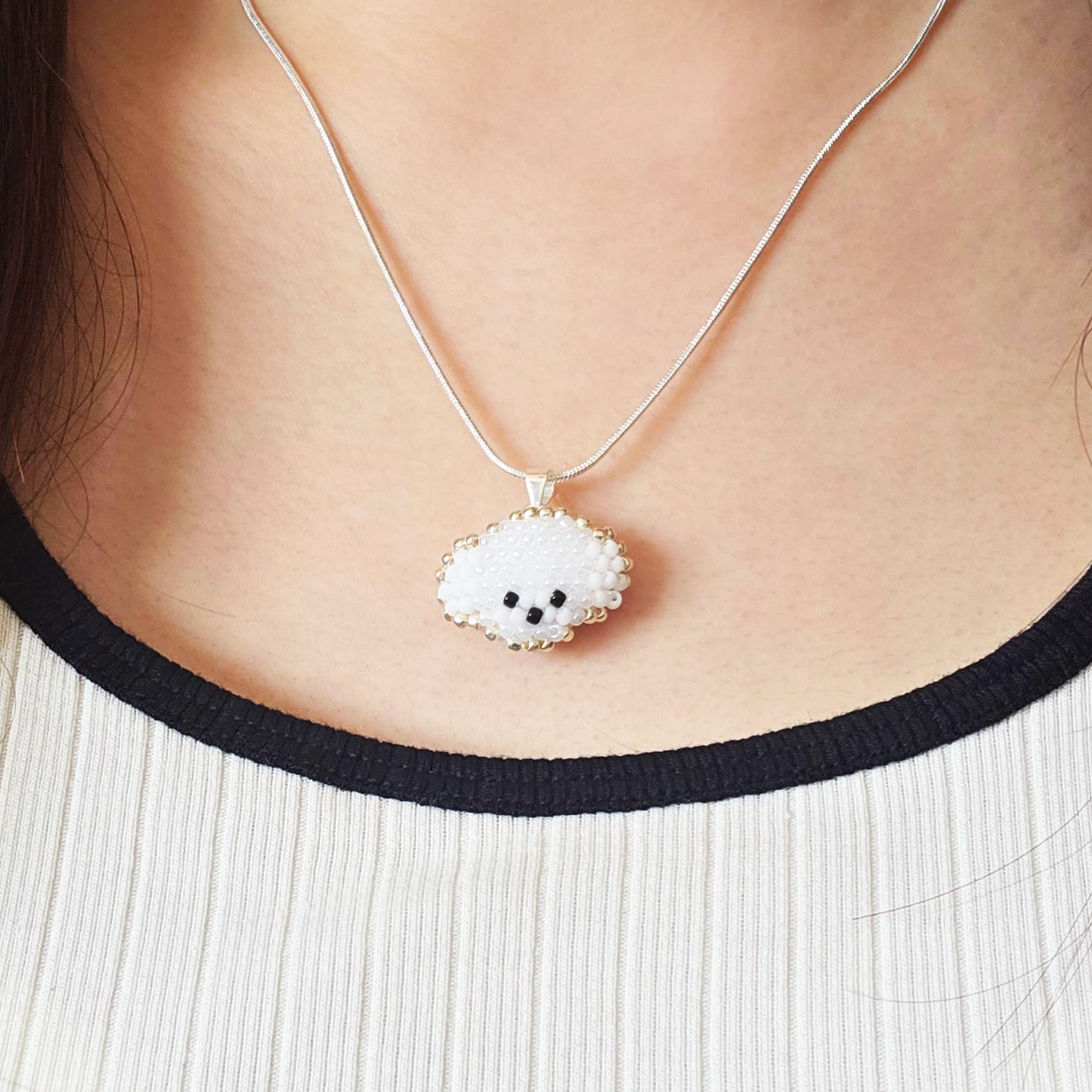 Poodle Necklace in White Model Close