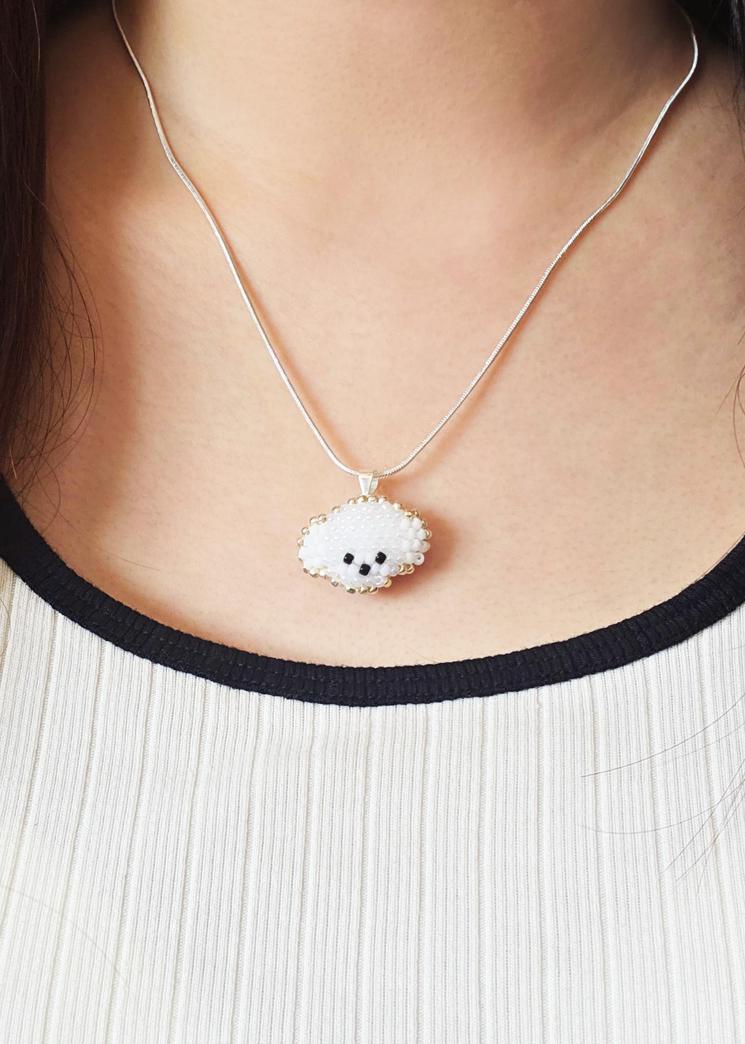 Poodle Necklace in White Model Close