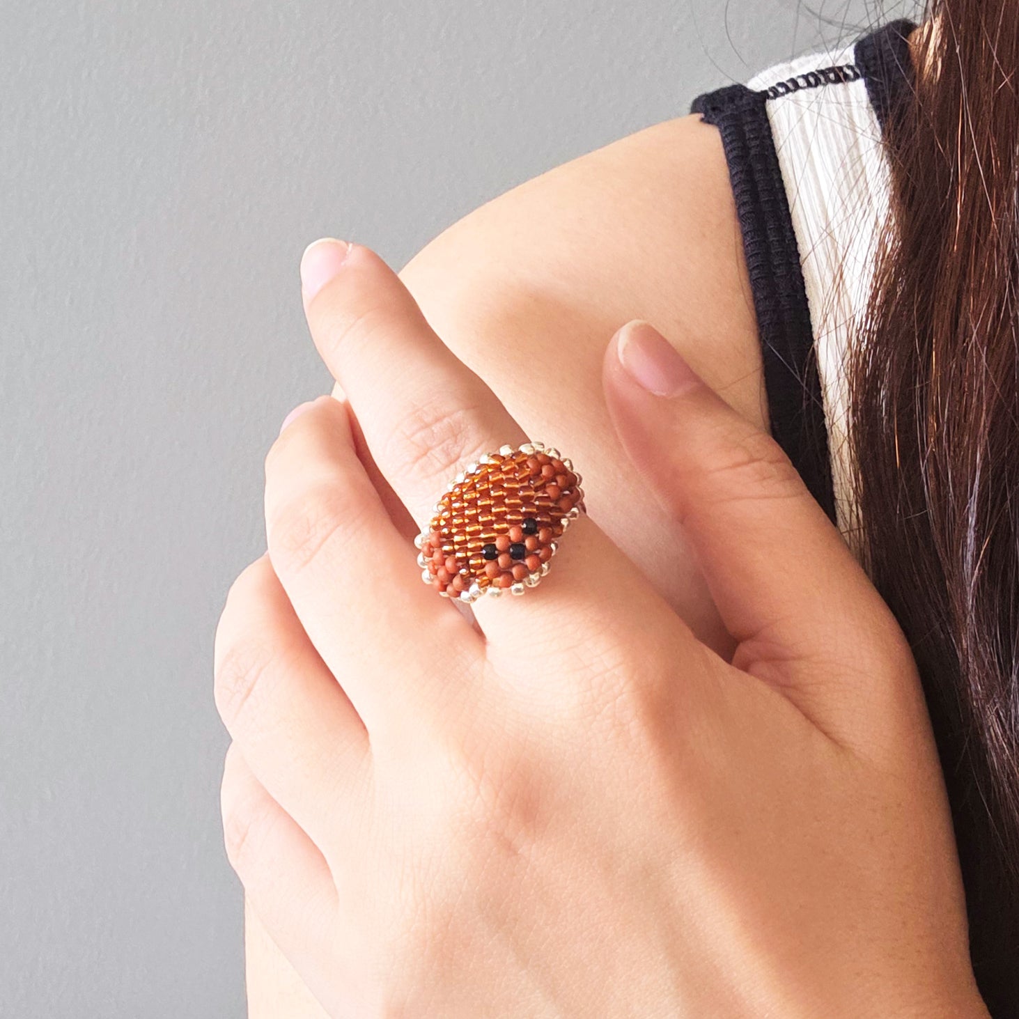 Poodle Ring in Brown Model Close