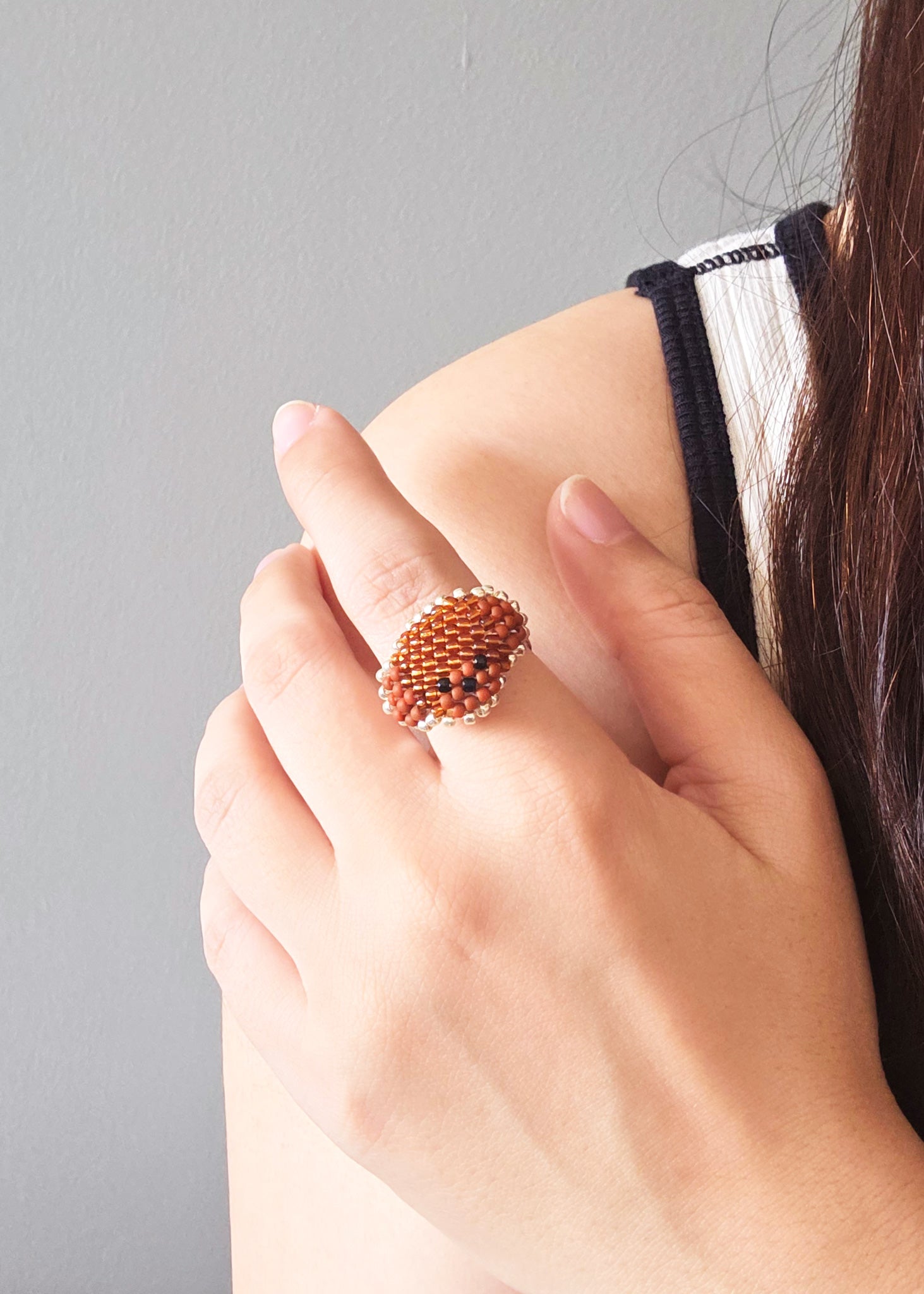 Poodle Ring in Brown Model Close