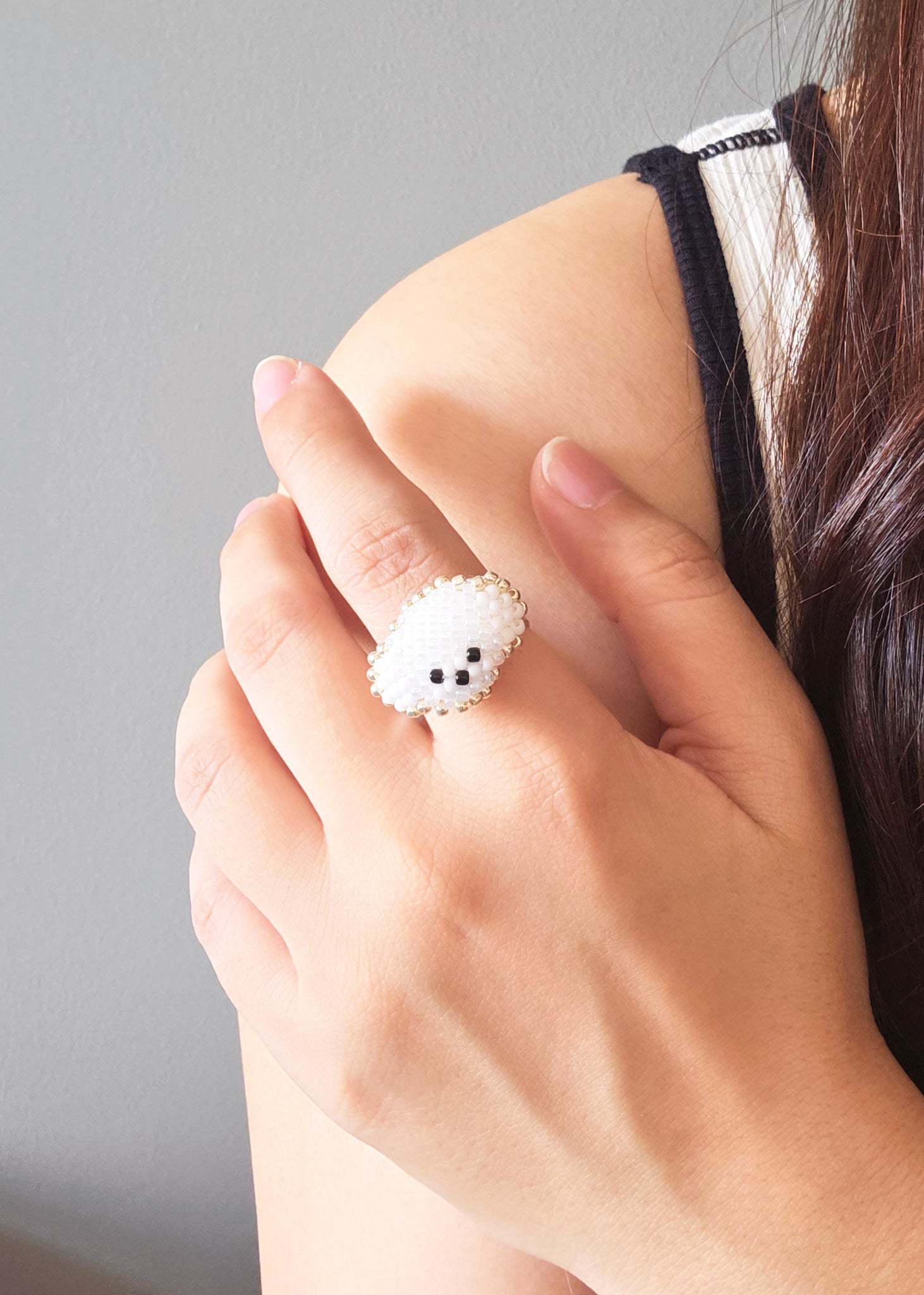 Poodle Ring in White Model Close