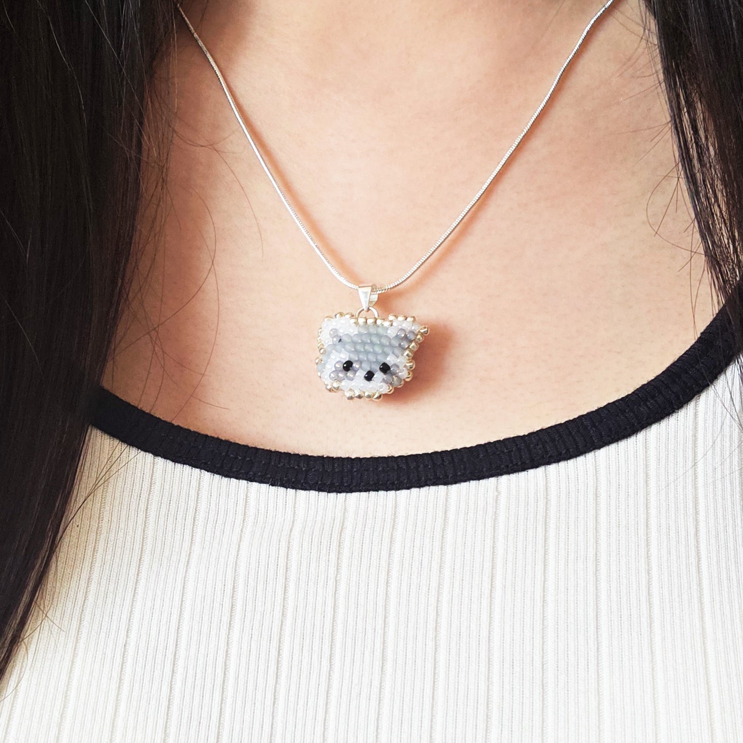 Raccoon Pendant Necklace Model Close