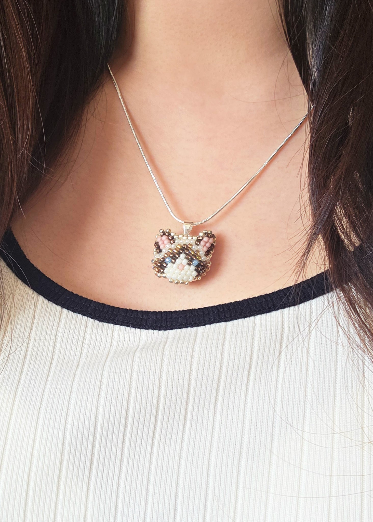Snowshoe Cat Necklace Model Close
