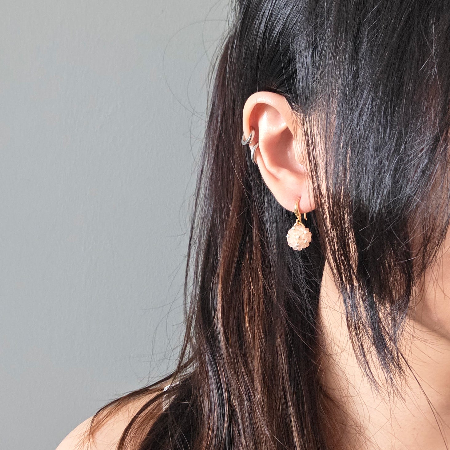 Star Dust Petite Drop Earrings in Blush Pink Model