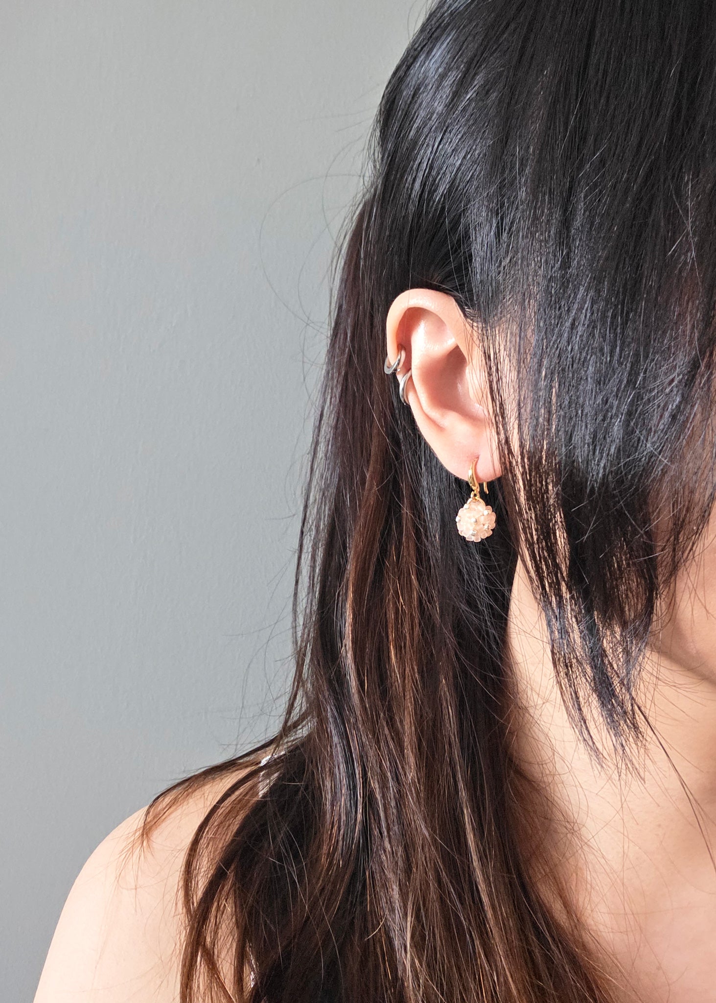 Star Dust Petite Drop Earrings in Blush Pink Model