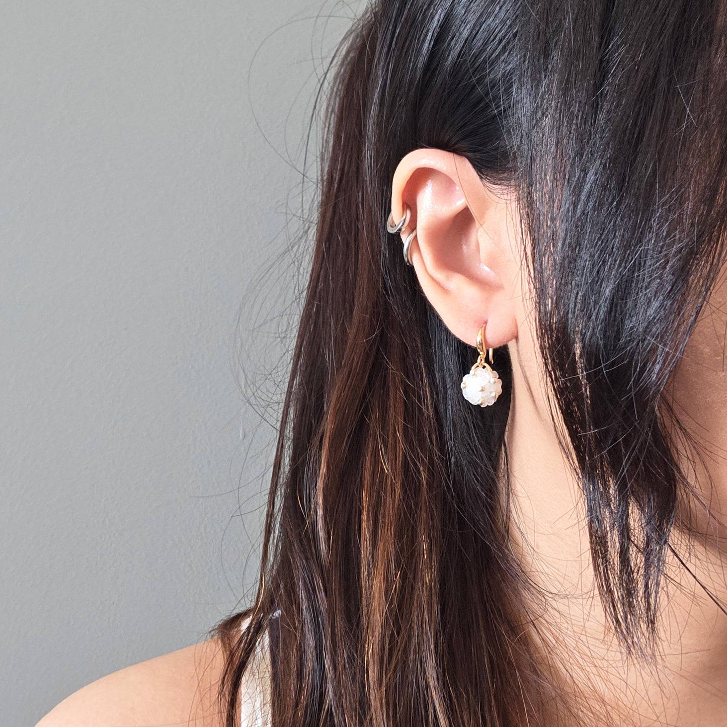 Star Dust Petite Drop Earrings in Cloud White Model