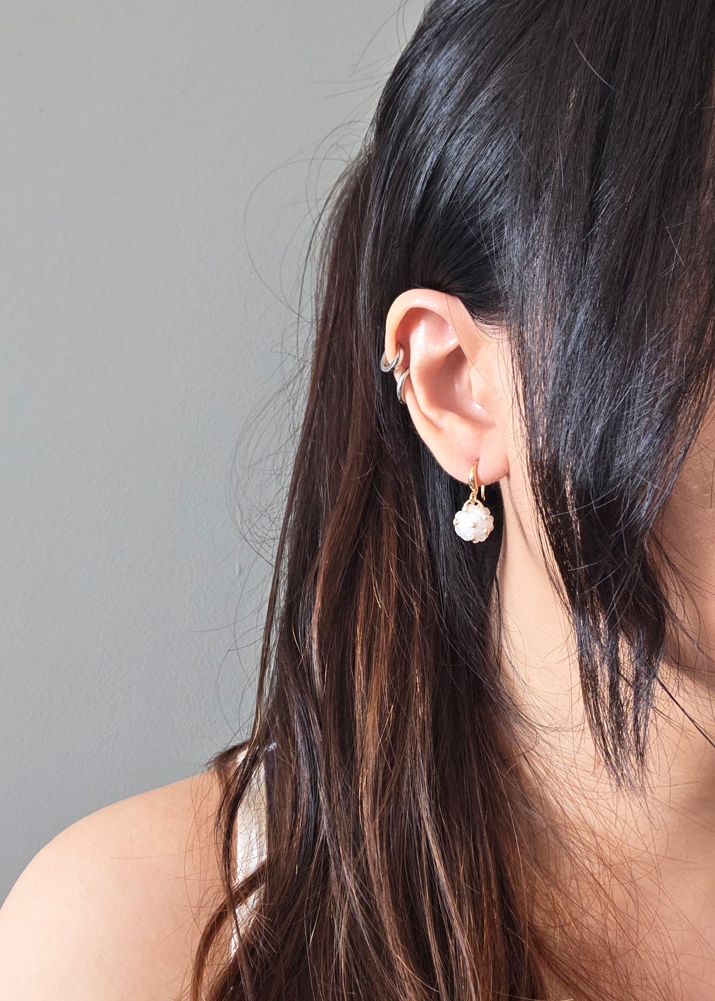 Star Dust Petite Drop Earrings in Cloud White Model