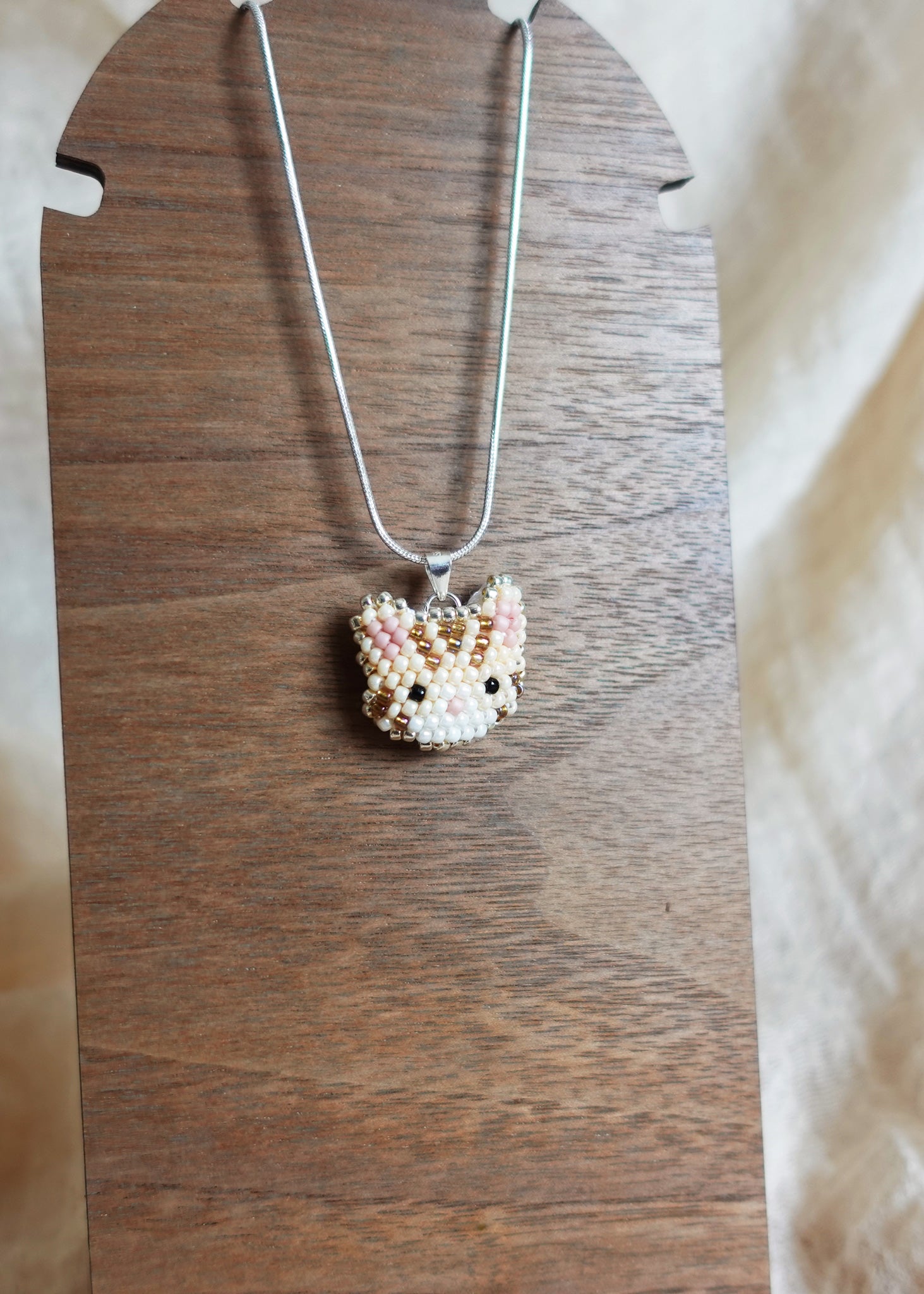 Tabby Cat Necklace in Cream Display