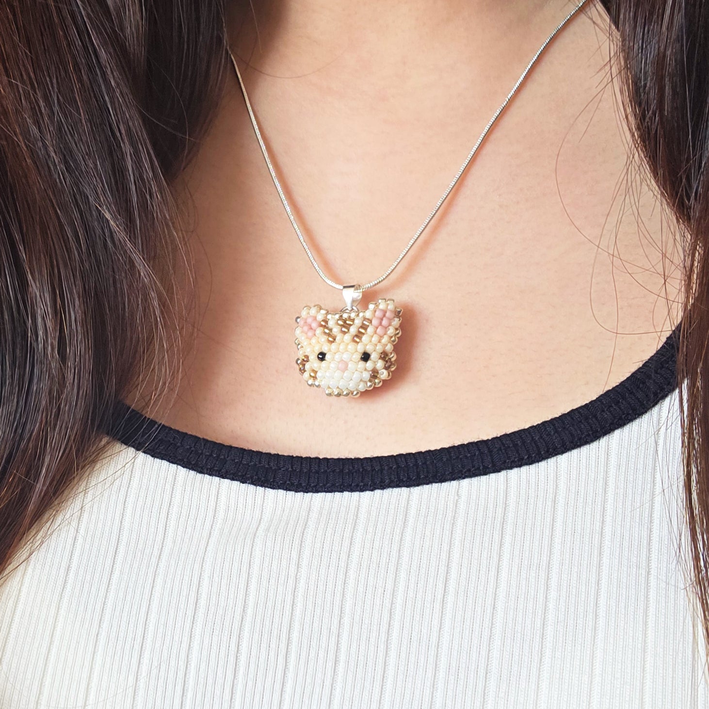 Tabby Cat Necklace in Cream Model Close