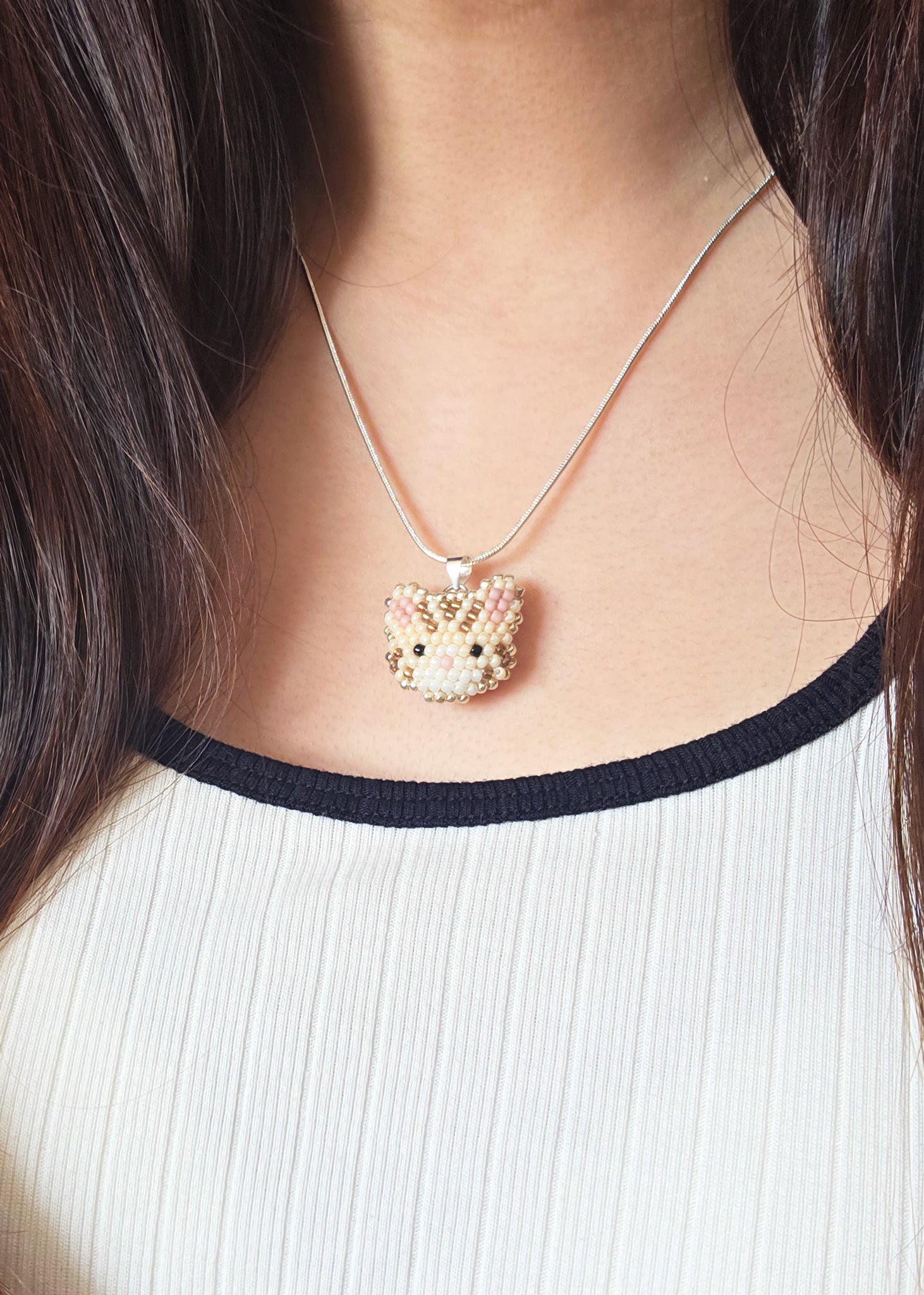 Tabby Cat Necklace in Cream Model Close