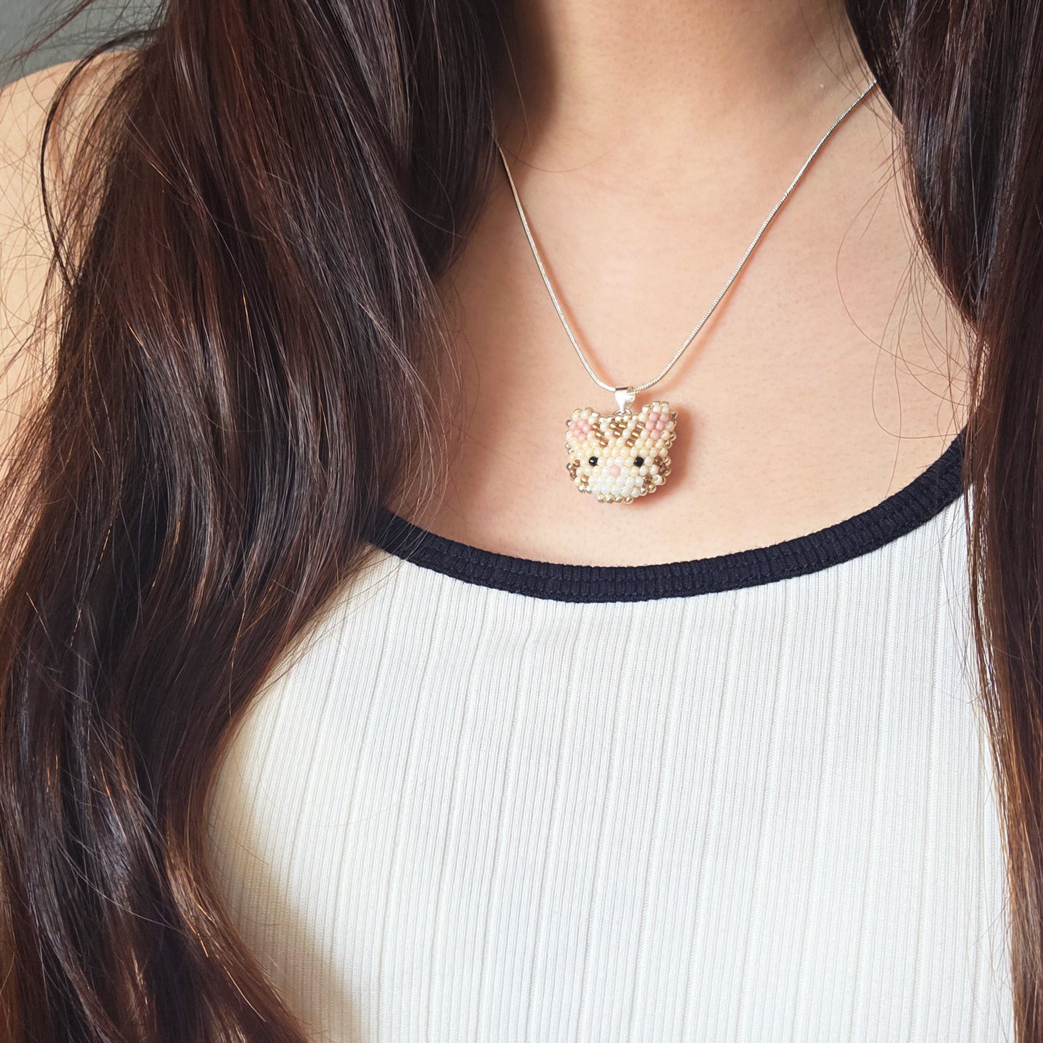 Tabby Cat Necklace in Cream Model