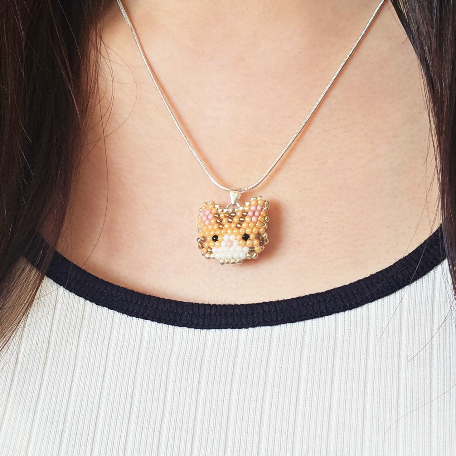 Tabby Cat Necklace in Orange Model Close