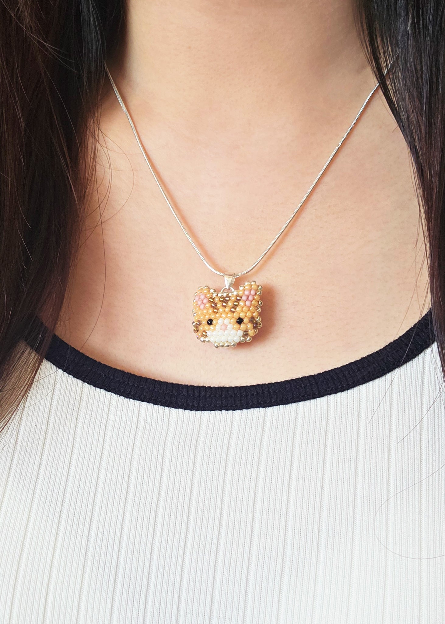 Tabby Cat Necklace in Orange Model Close