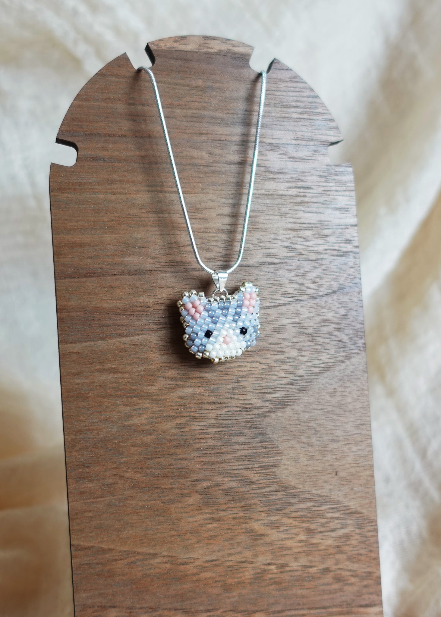 Tabby Cat Necklace in Silver Display Left
