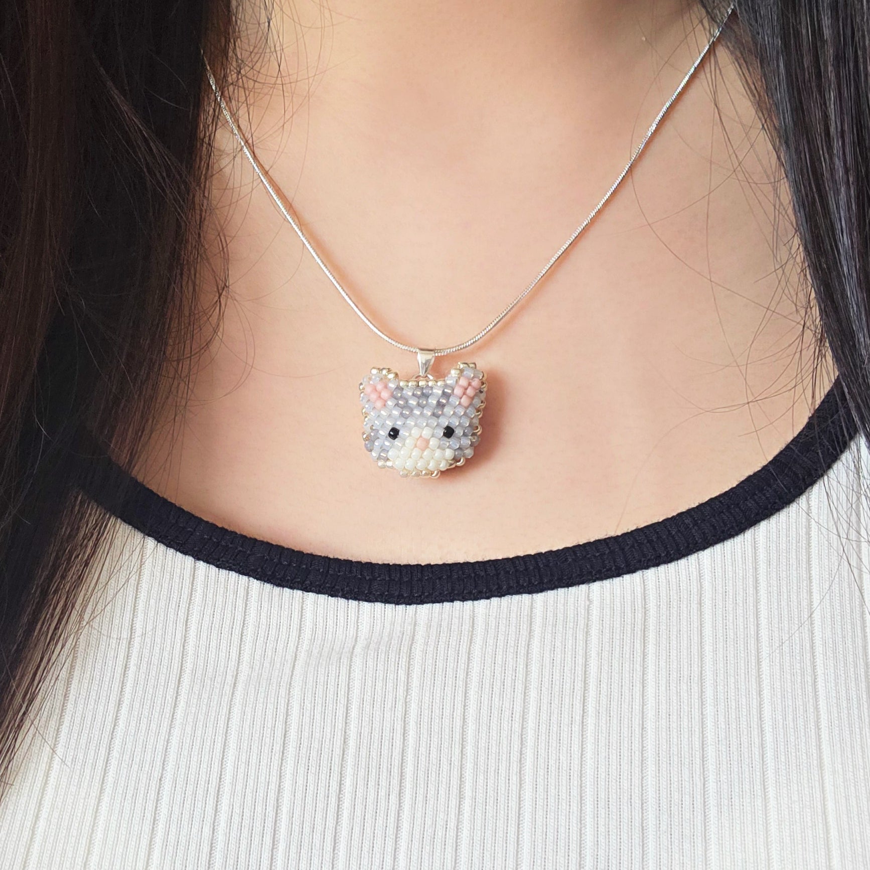 Tabby Cat Necklace in Silver Model Close