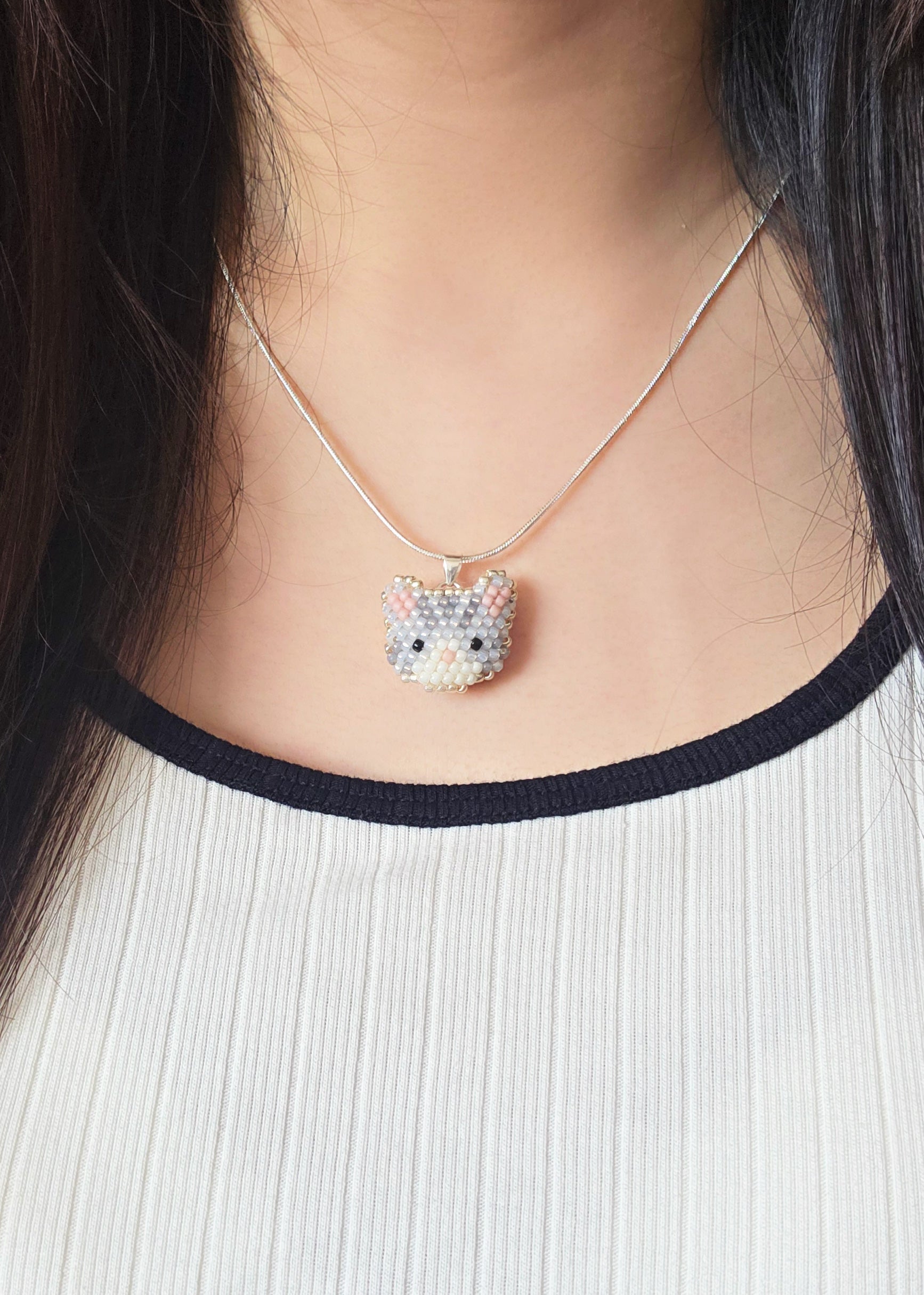 Tabby Cat Necklace in Silver Model Close