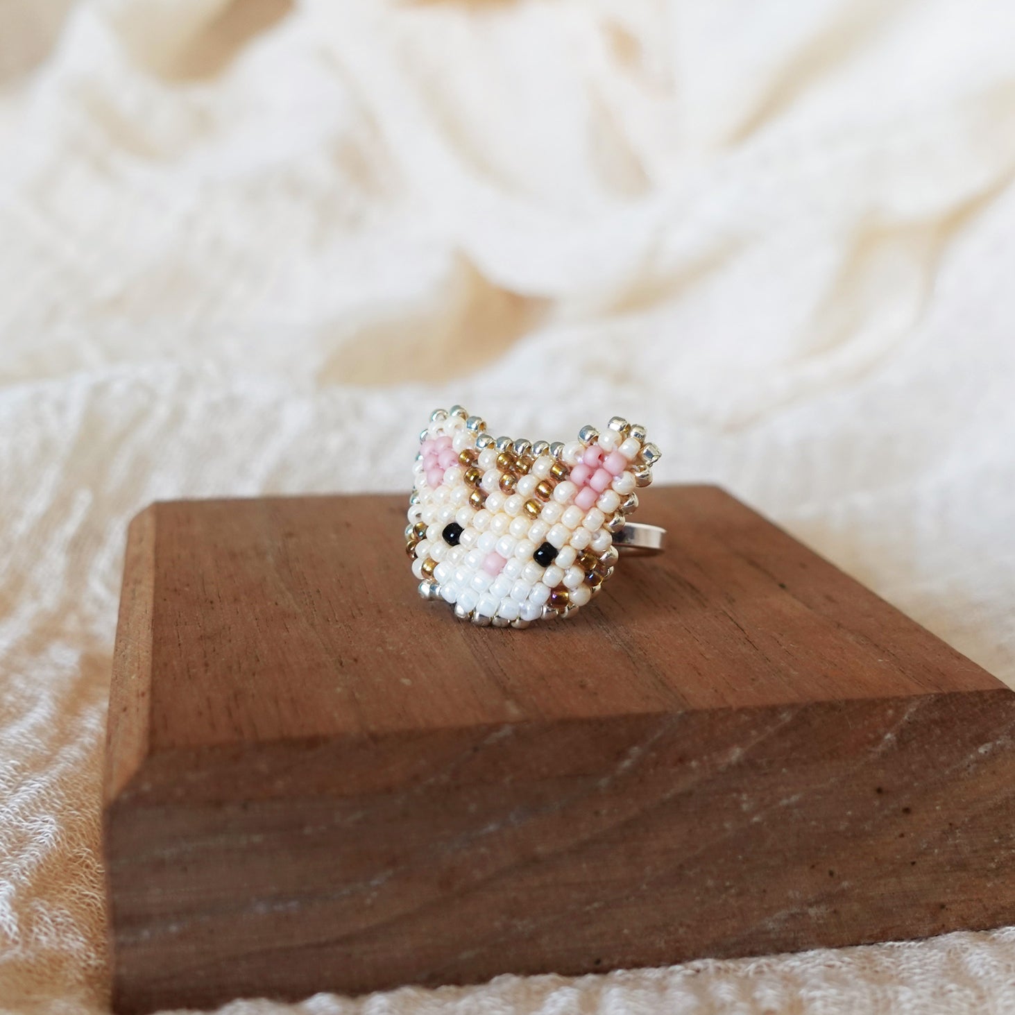 Tabby Cat Ring in Cream Display Right