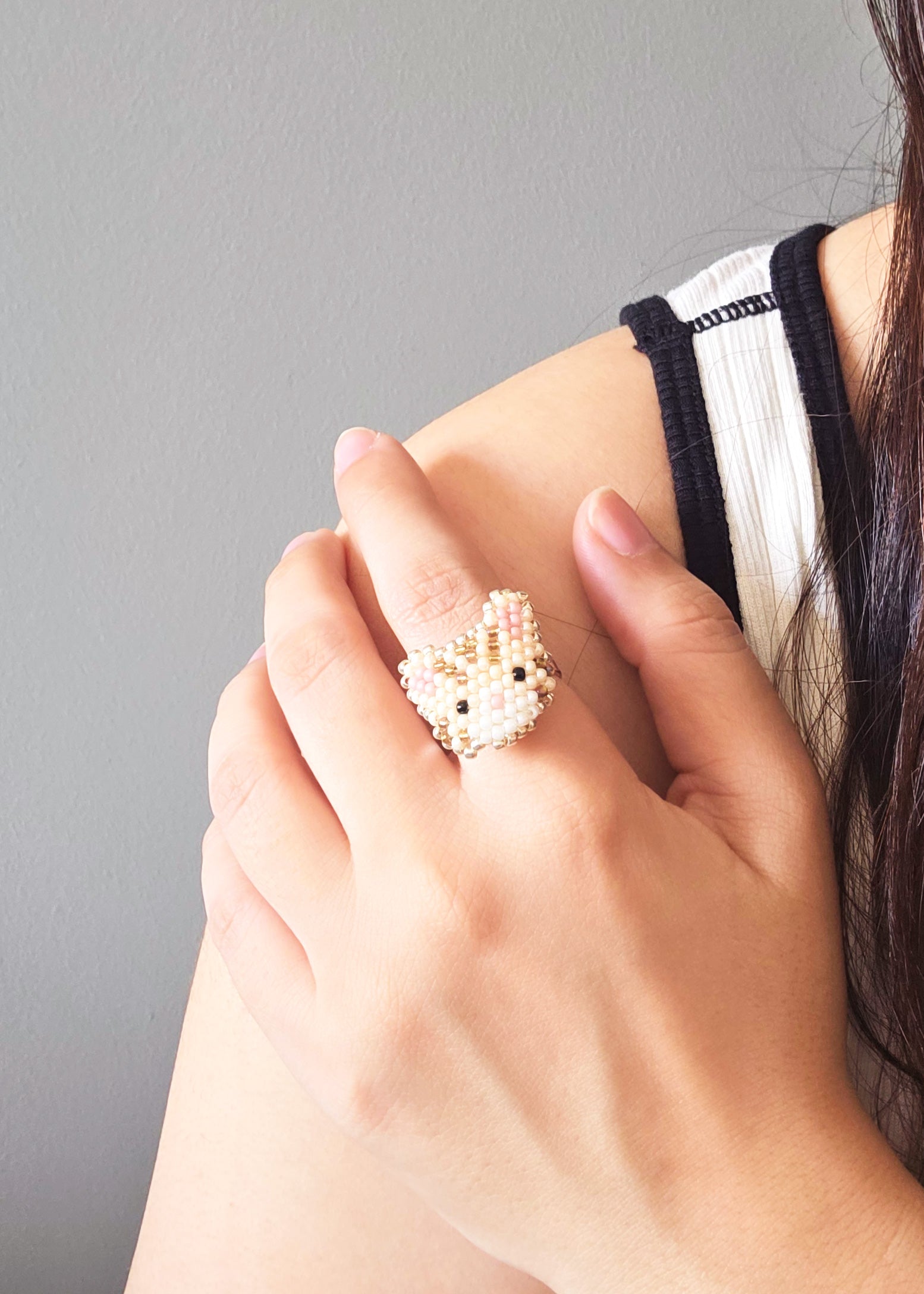 Tabby Cat Ring in Cream Model Close