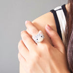 Tabby Cat Ring in Silver Model Close