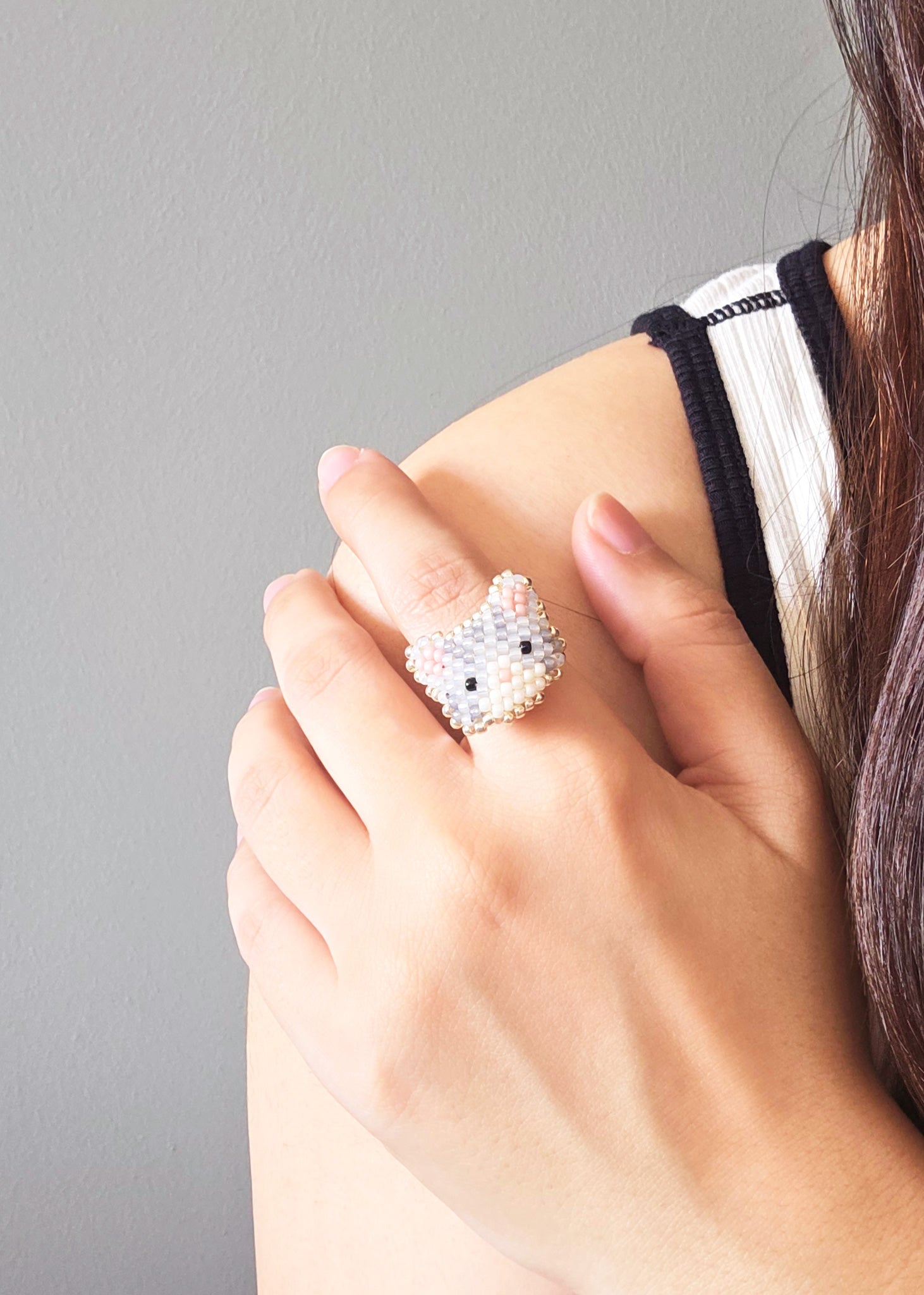 Tabby Cat Ring in Silver Model Close