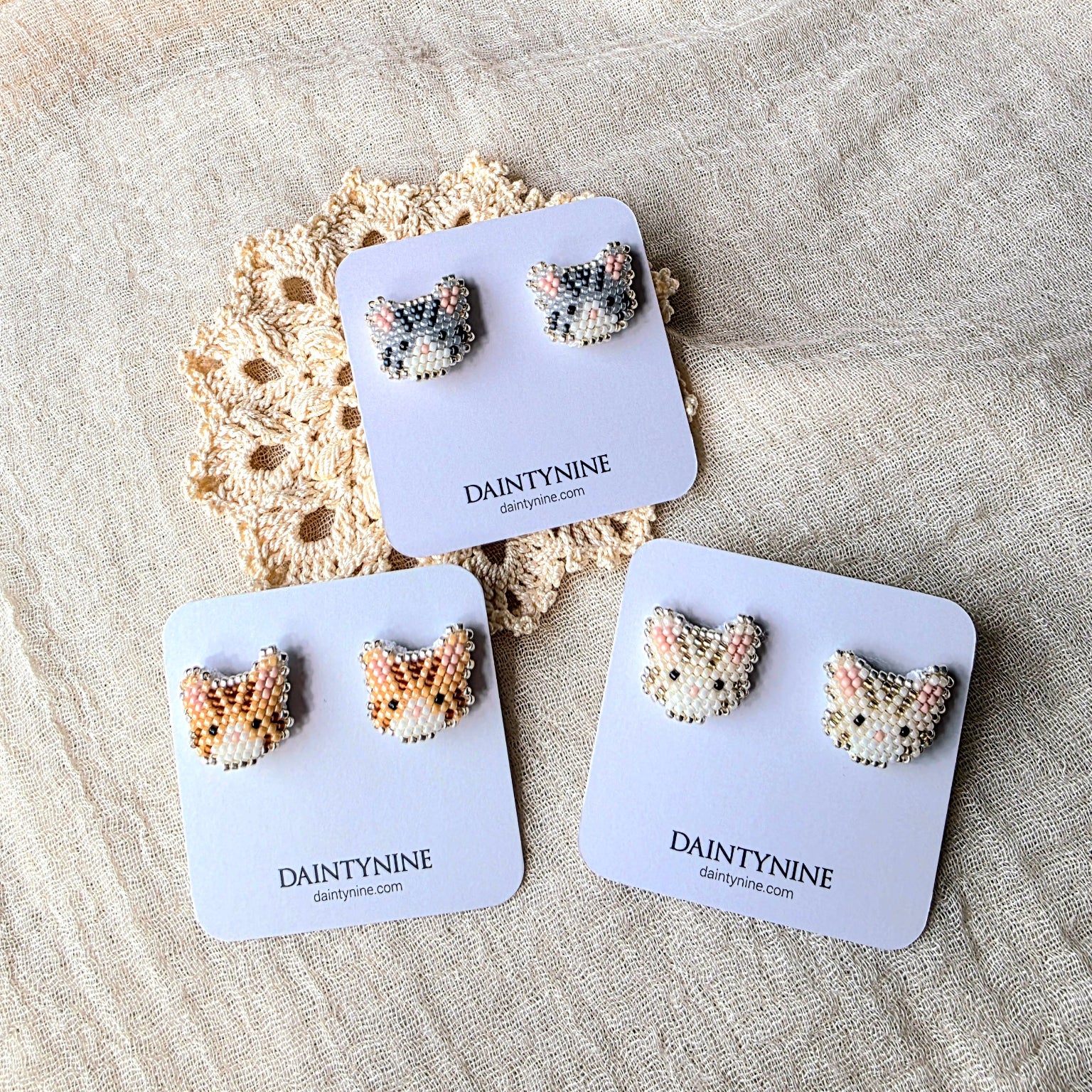 Tabby cat stud earrings on cards