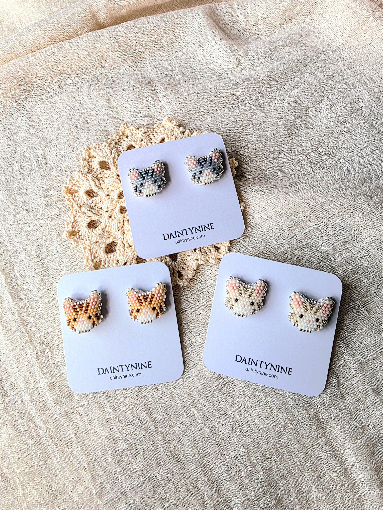 Tabby cat stud earrings on cards