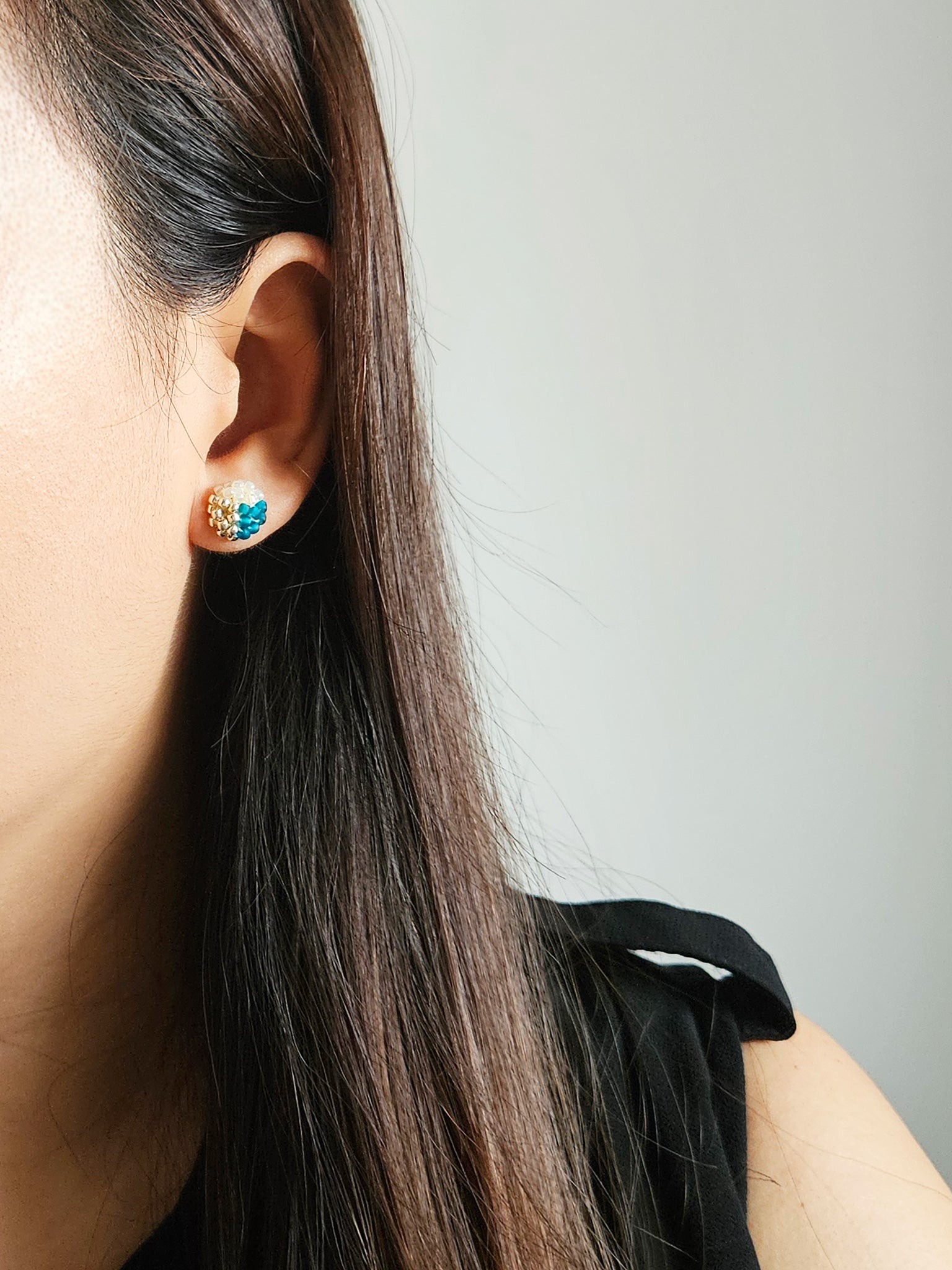 Trio Stud Earrings in Teal Model