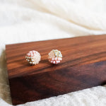 Trio Velvet Stud Earrings in Blush Pink Display Front